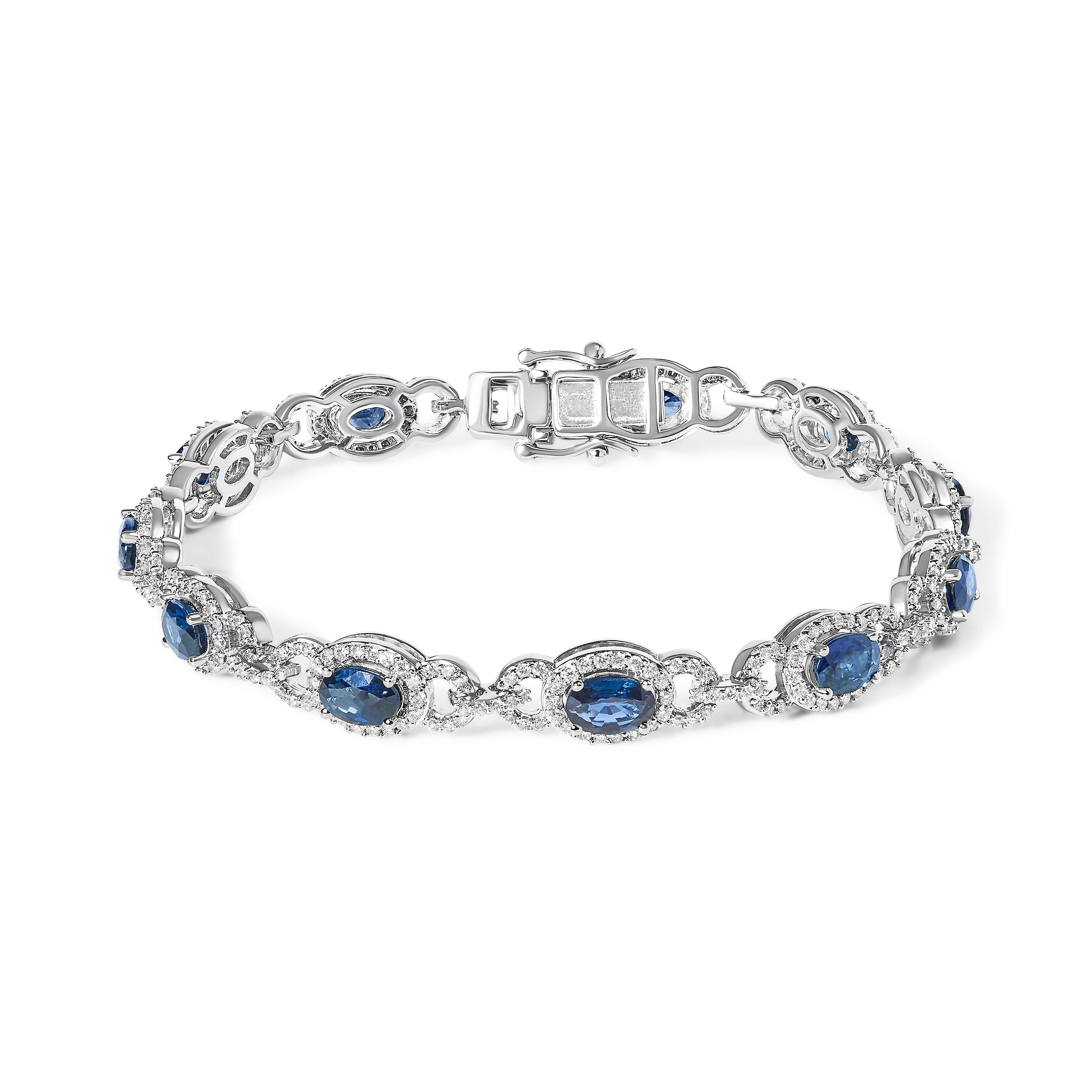 14K White Gold Vintage-Inspired Oval Blue Sapphire & Diamond Link Bracelet