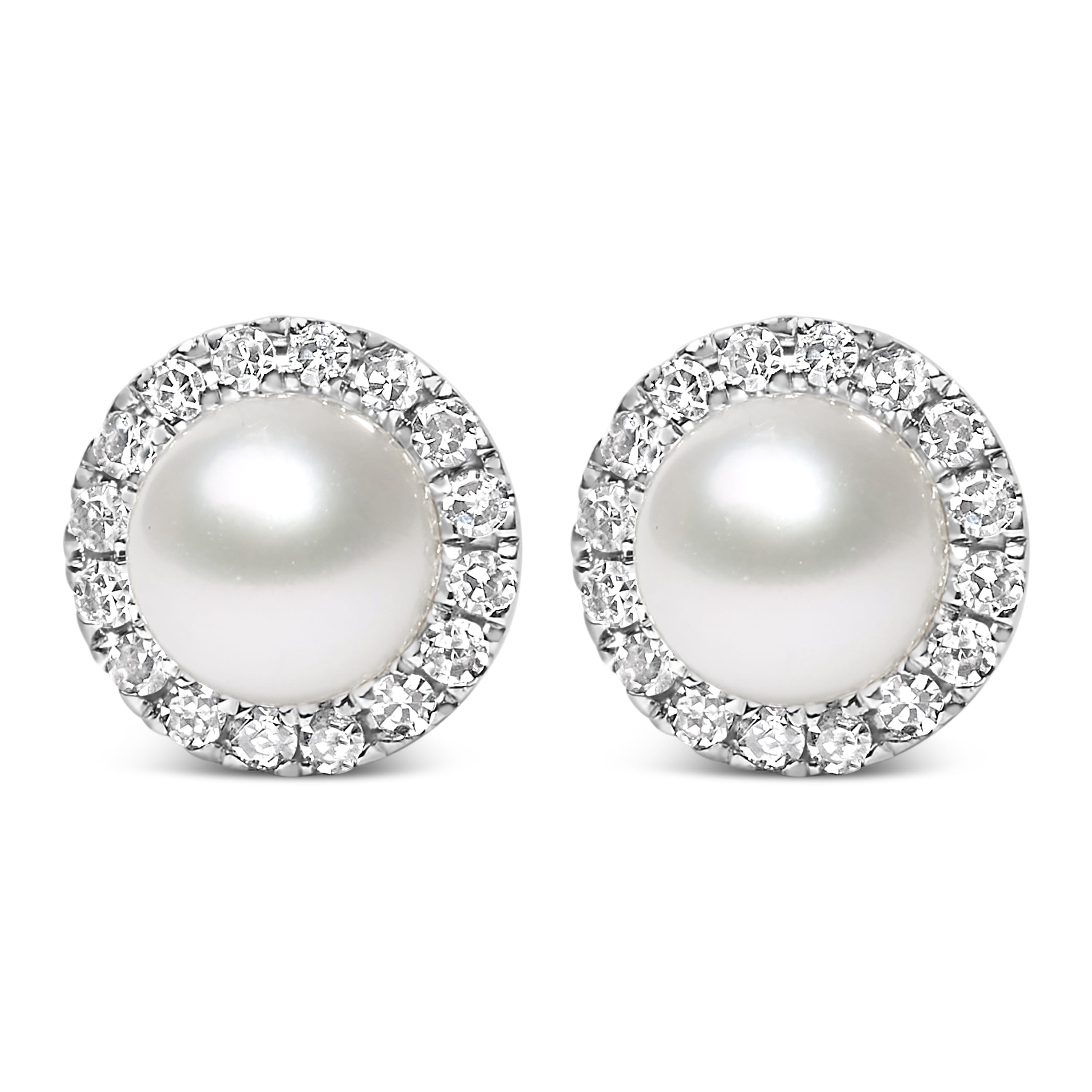 10K White Gold 4.5mm Cultured Freshwater Pearl and 1/7 Cttw Diamond Halo Stud Earring (I-J Color, I1-I2 Clarity)
