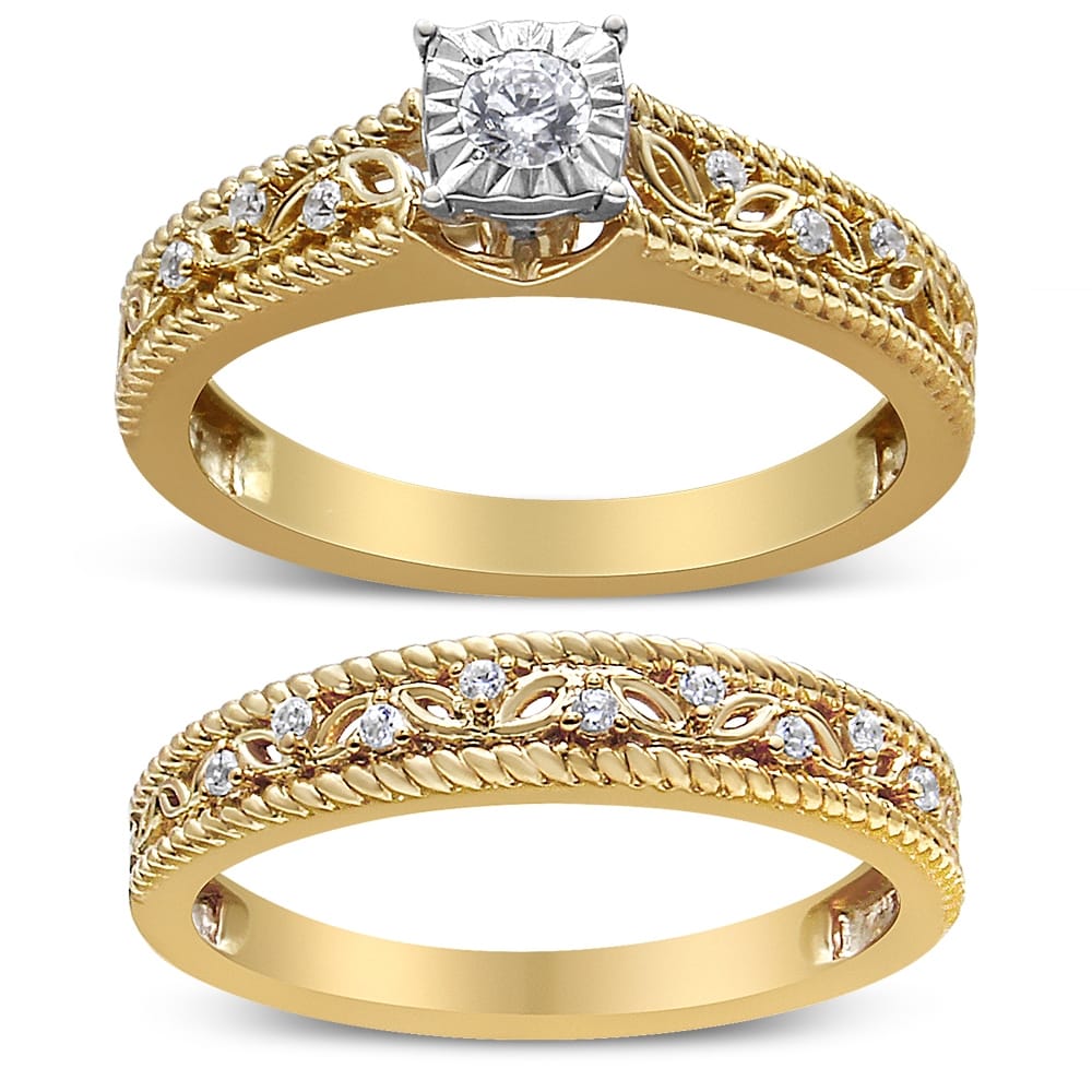 14K Yellow Gold Plated .925 Sterling Silver 1/5 Cttw Diamond Art Deco Style Engagement Ring Bridal Set (I-J Color, I3 Clarity) - Ring Size 5