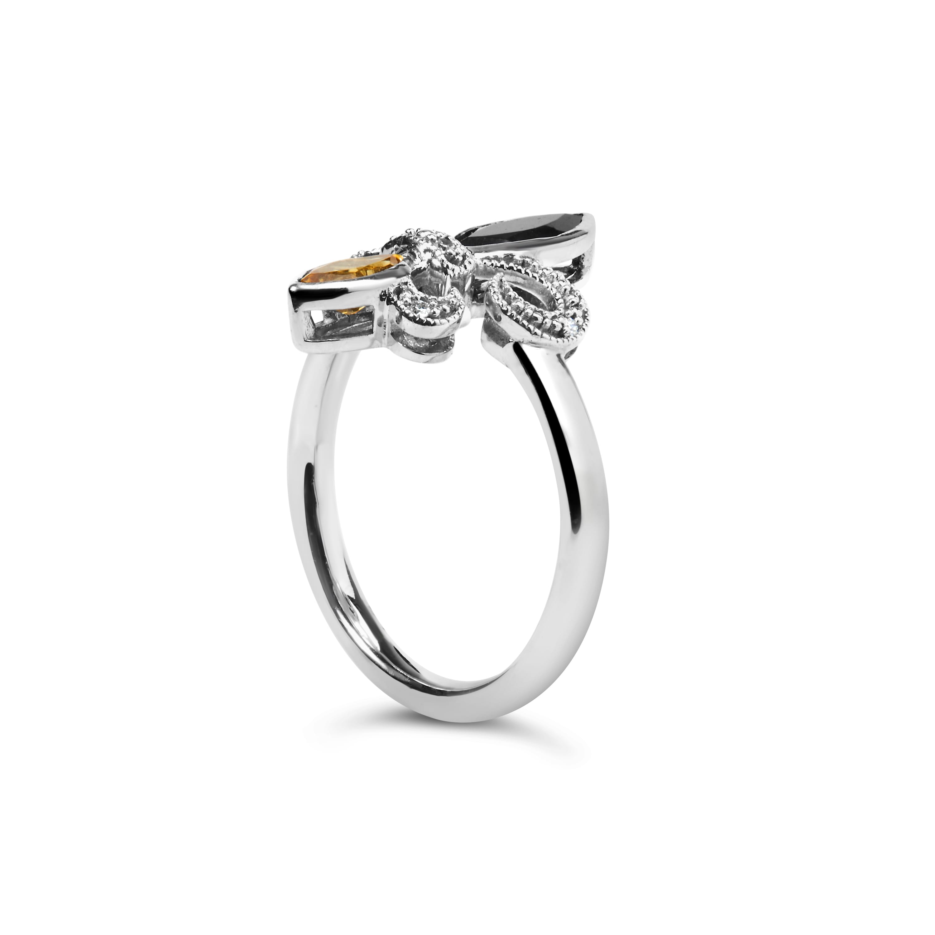 .925 Sterling Silver Black Onyx and Yellow Citrine Marquise and Diamond Accent Fleur De Lis Ring (H-I Color, SI1-SI2 Clarity) - Size 6.5