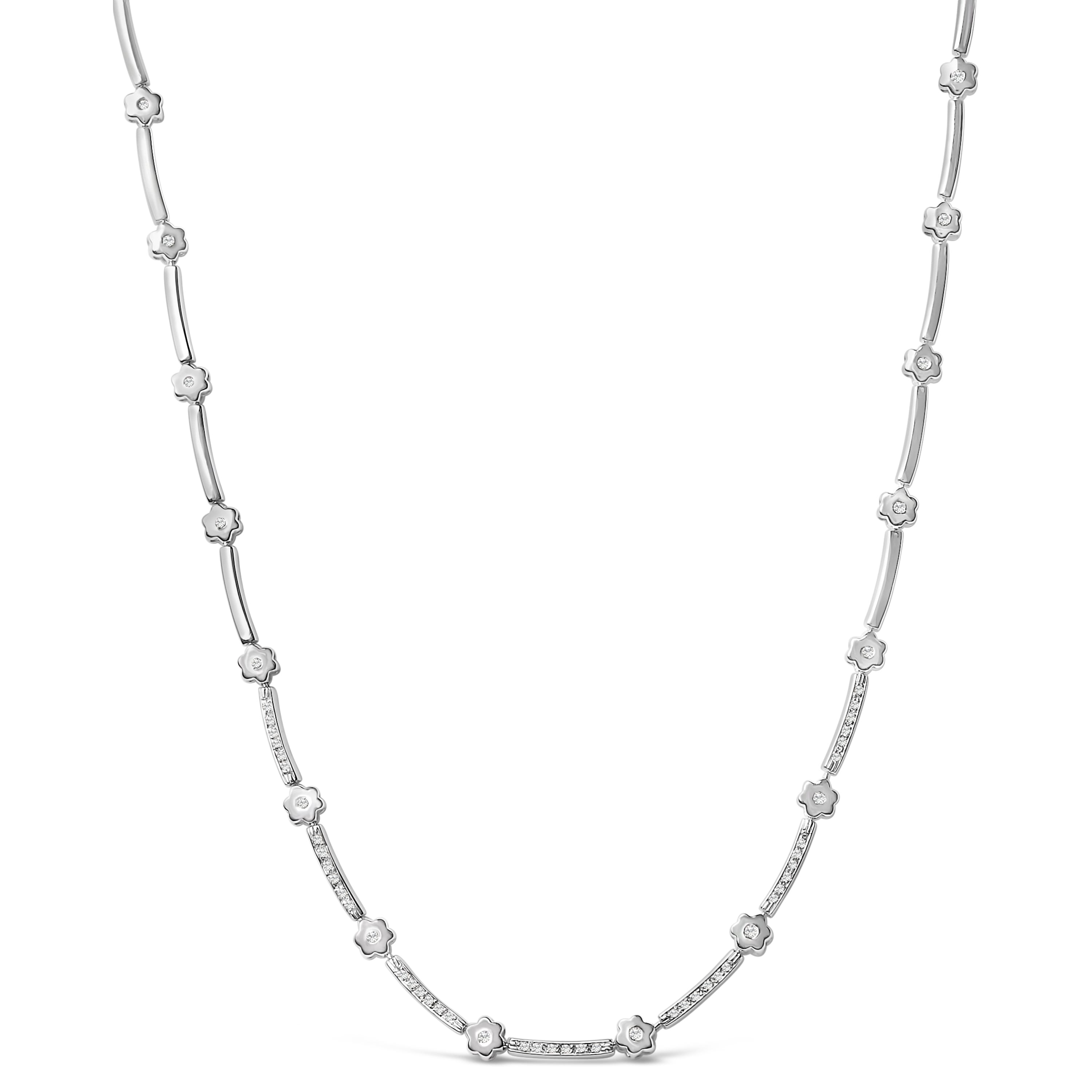 14K White Gold 1.0 Cttw Diamond Flower and Bar Station Necklace