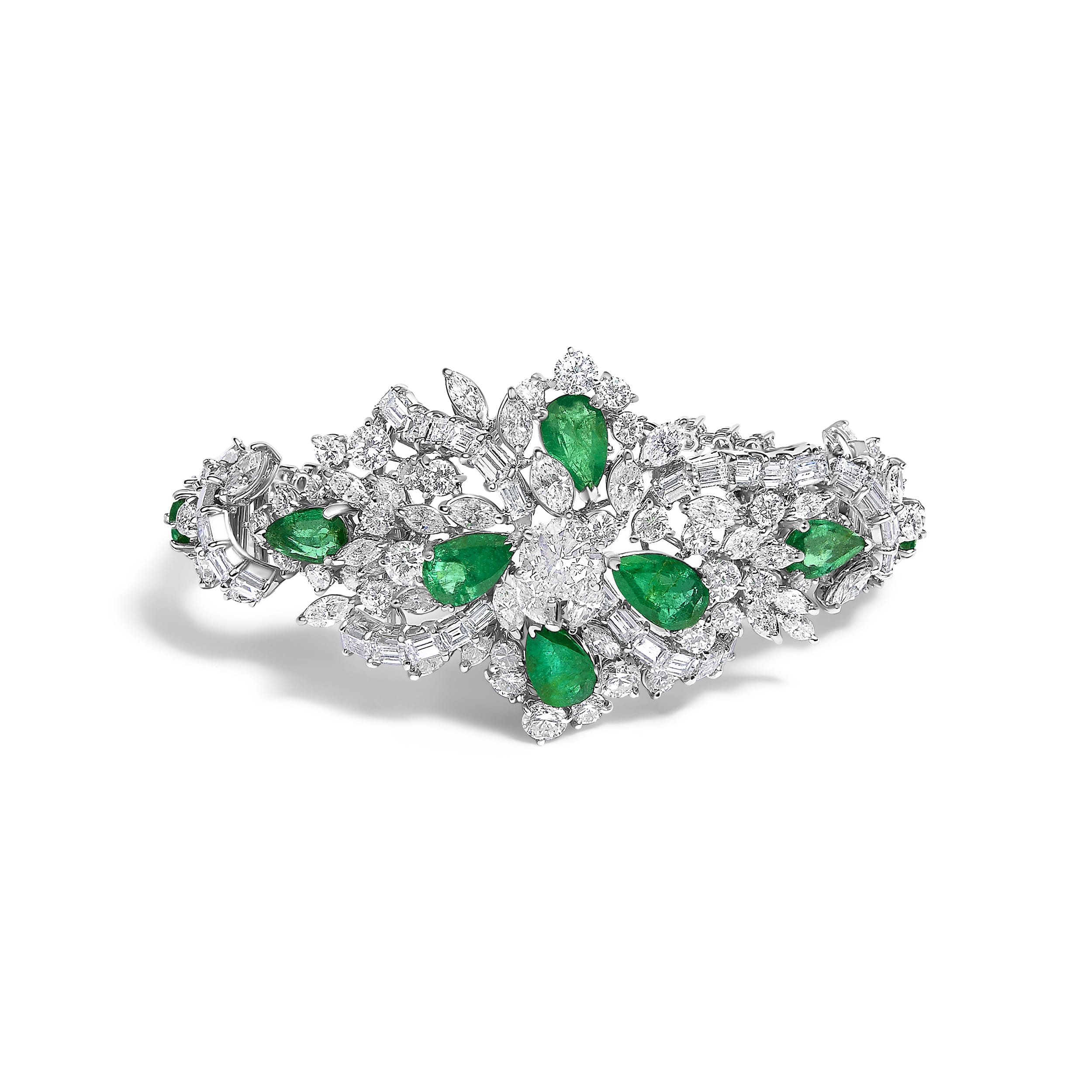Certified Platinum 38.0 Cttw Diamond and 19 3/4 Cttw Brazilian Green Emerald Necklace, Bracelet & Earrings Three-Piece Set - Image 2