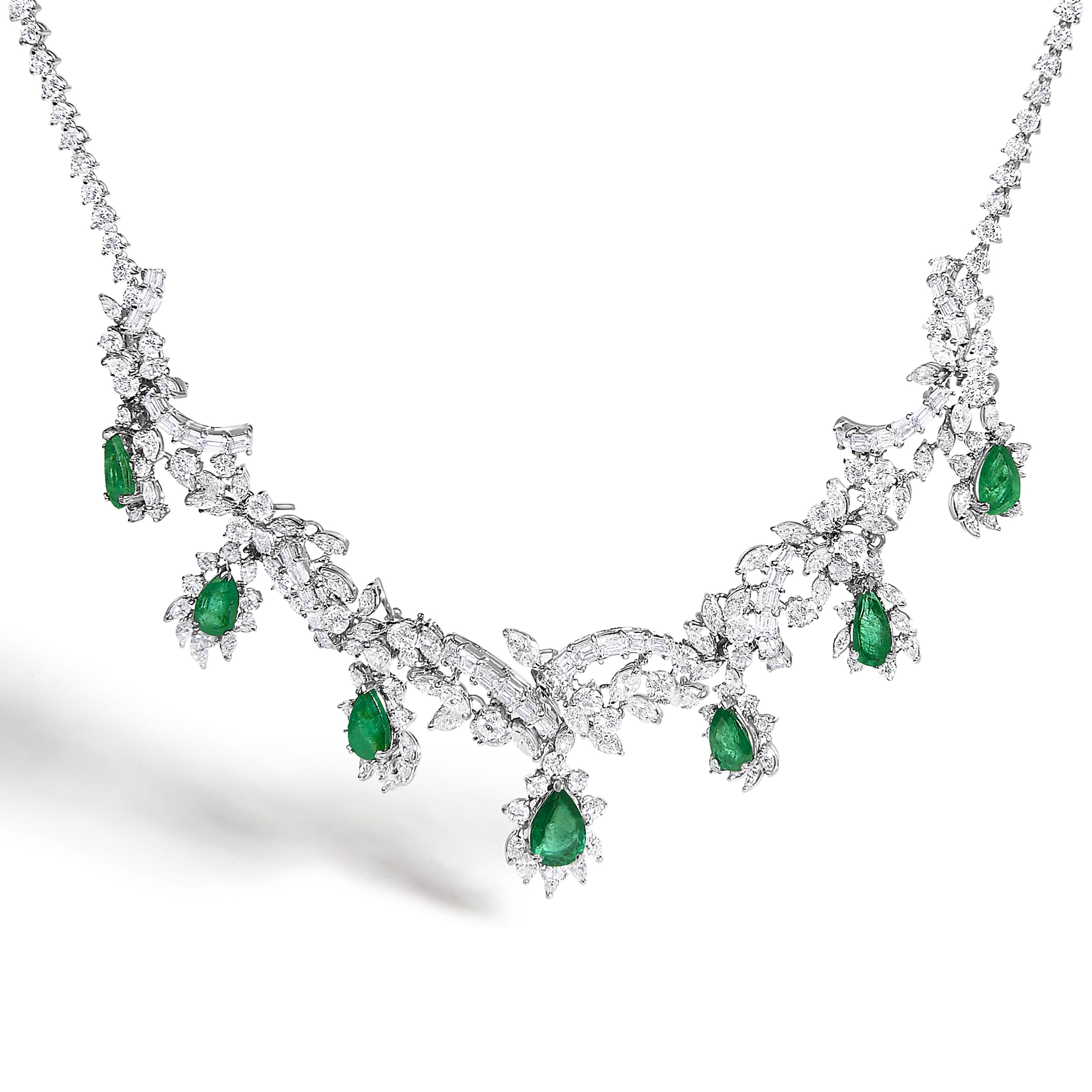 Certified Platinum 38.0 Cttw Diamond and 19 3/4 Cttw Brazilian Green Emerald Necklace, Bracelet & Earrings Three-Piece Set - Image 3
