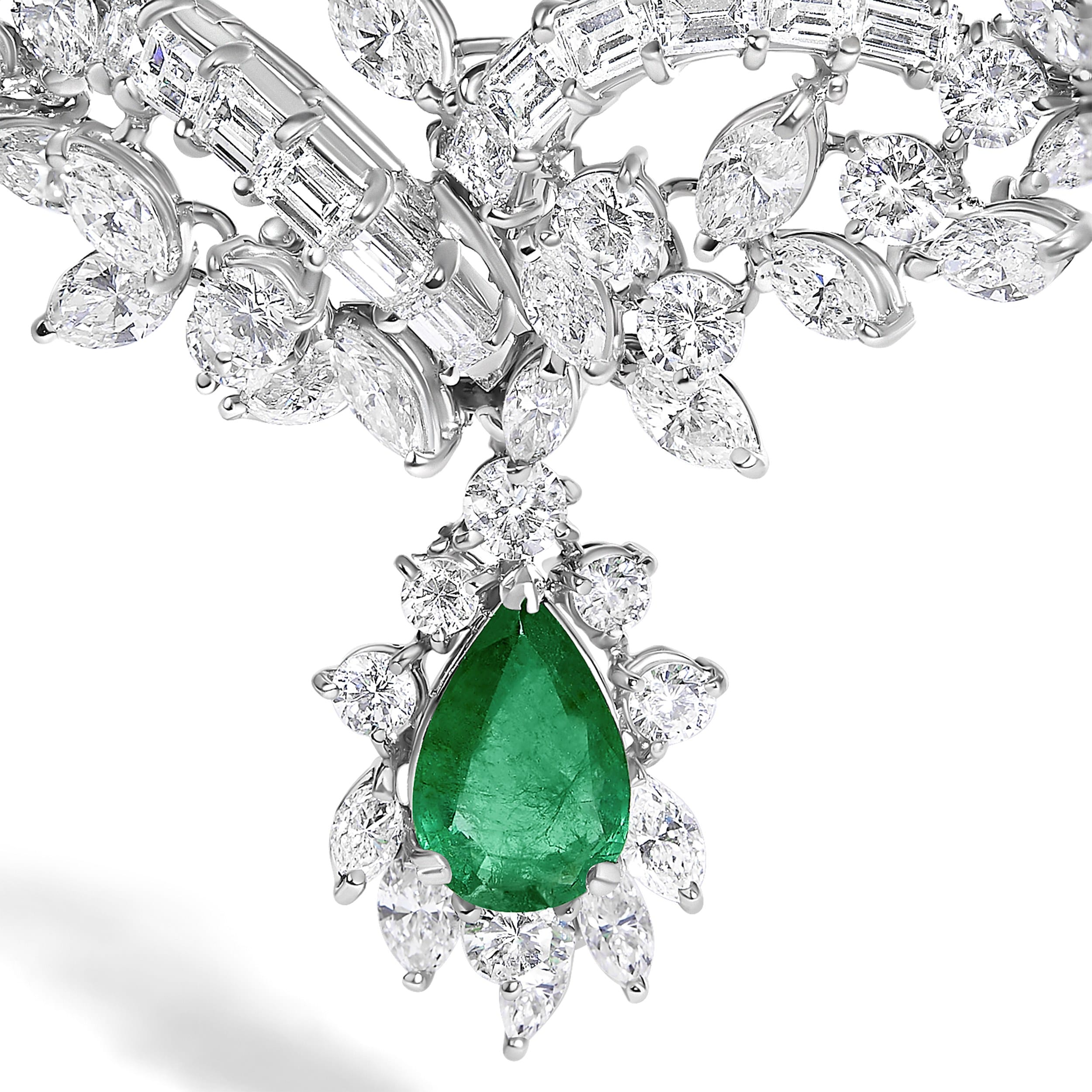 Certified Platinum 38.0 Cttw Diamond and 19 3/4 Cttw Brazilian Green Emerald Necklace, Bracelet & Earrings Three-Piece Set - Image 6