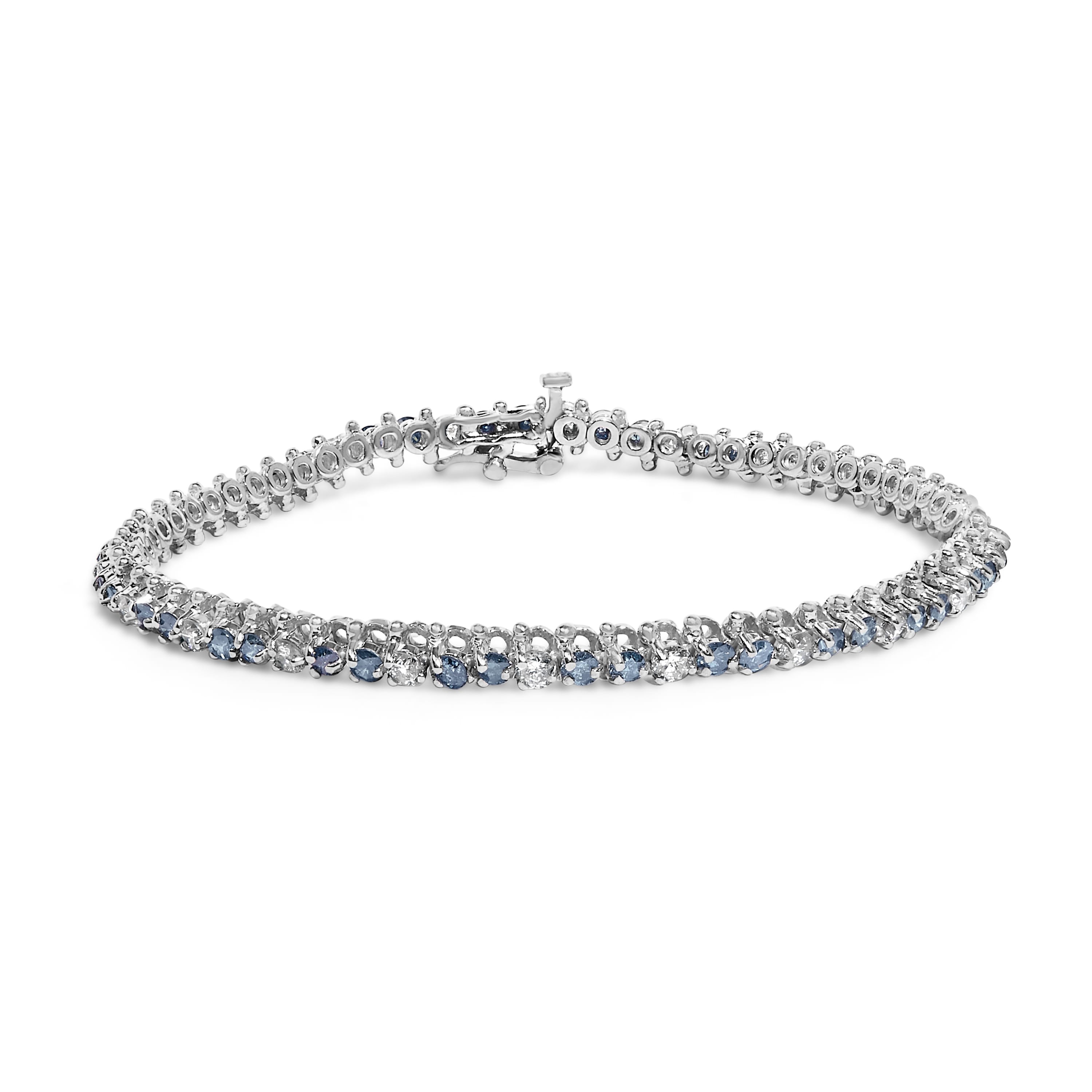 14K White Gold 4 5/8 Cttw Alternating White and Blue Diamond Martini Set Tennis Bracelet (H-I Color, I1-I2 Clarity) - 7" Inches