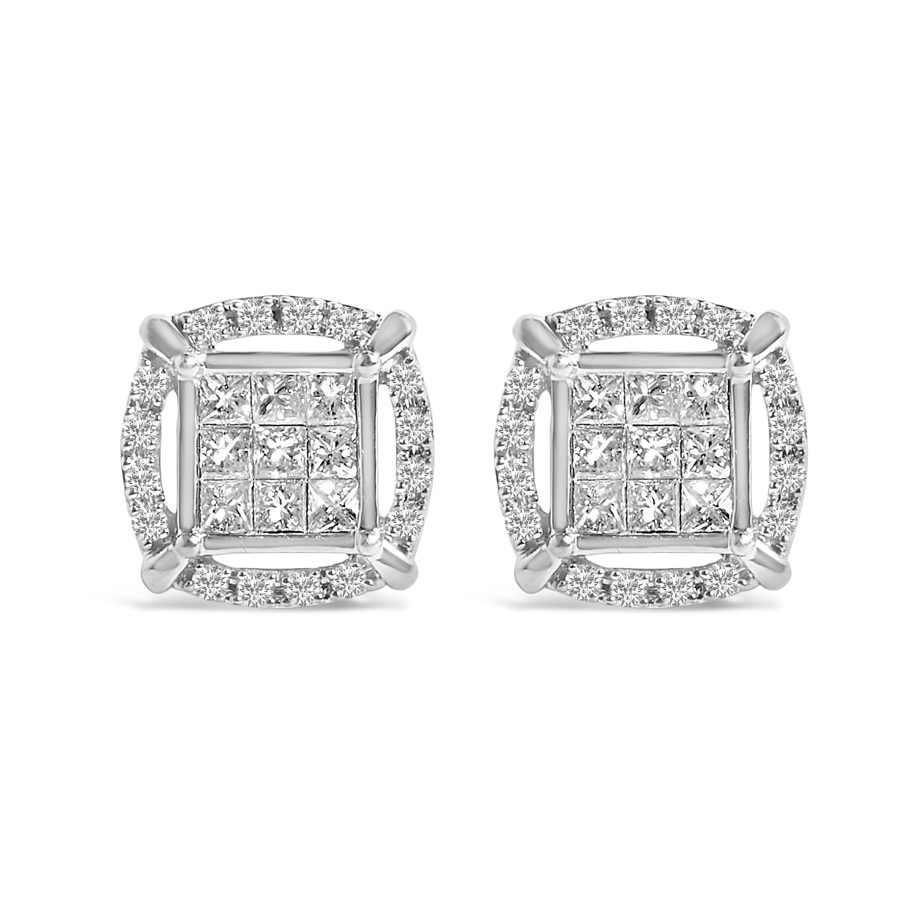 Sterling Silver 1 Cttw Princess Cut Diamond Square Halo Stud Earrings