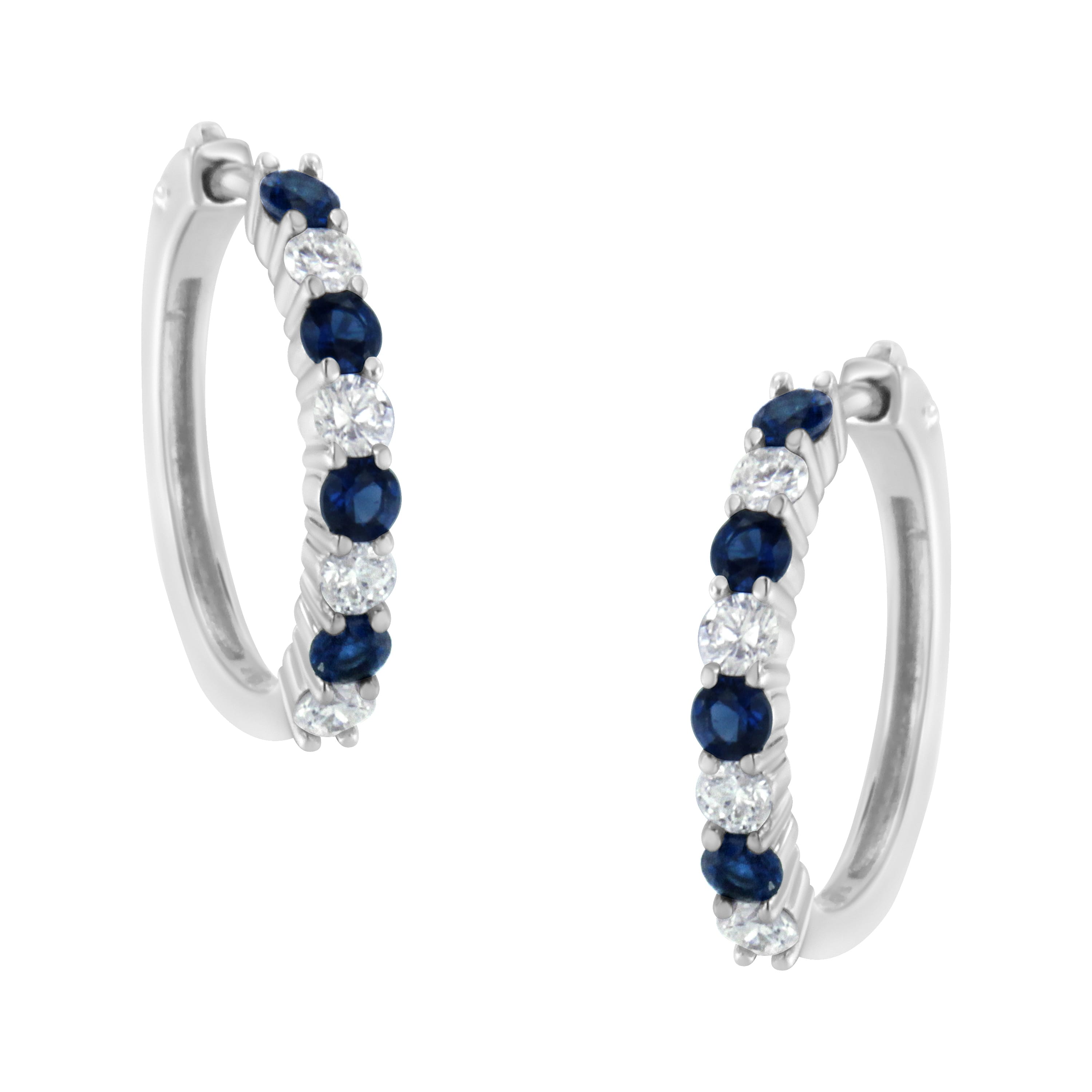 10K White Gold,  Cttw Diamond, &  Cttw Lab-Grown Blue Sapphire Leverback Hoop Earrings (H-I Color, I1-I2 Clarity)