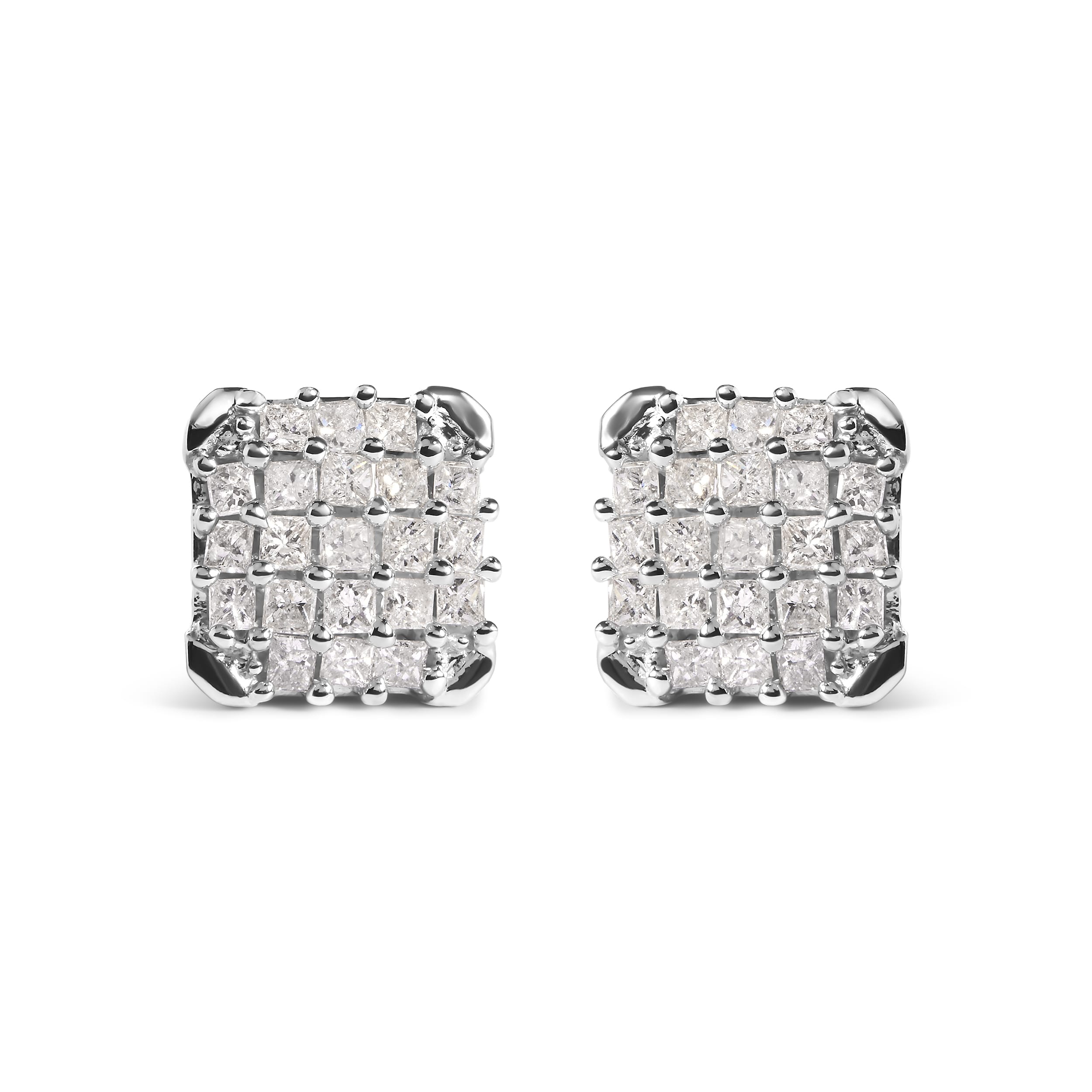 10K White Gold 3/4 Cttw Princess Diamond Composite Open Frame Stud Earrings (I-J Color, I1-I2 Clarity)