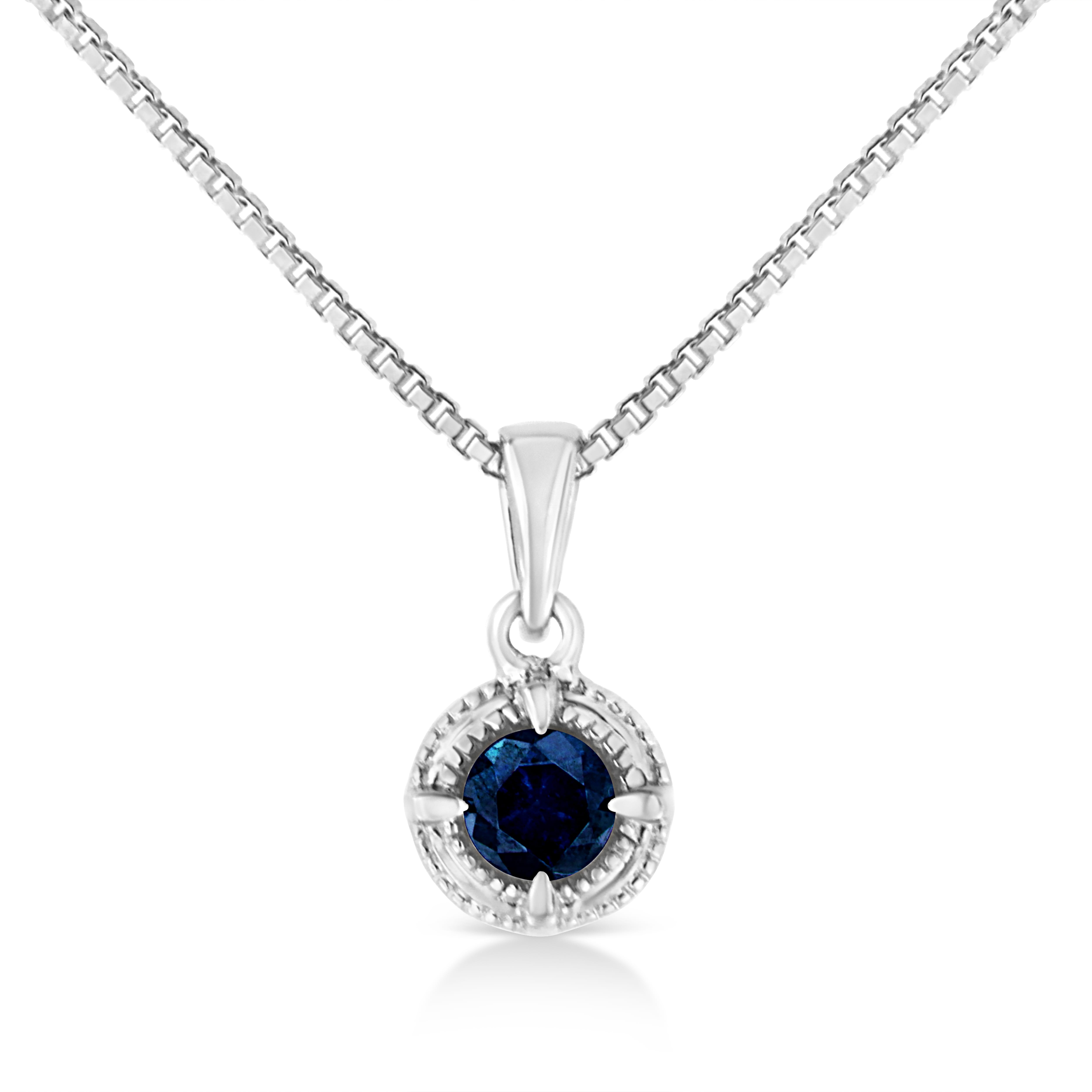 .925 Sterling Silver 3/4 Cttw Treated Blue Diamond Solitaire 18" Milgrain Pendant Necklace (Blue Color, I1-I2 Clarity)