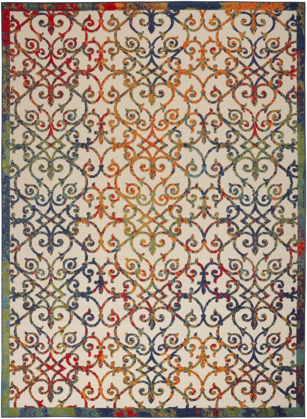 9' X 12' Ivory Blue And Green Damask Non Skid Indoor Outdoor Area Rug - Image 2