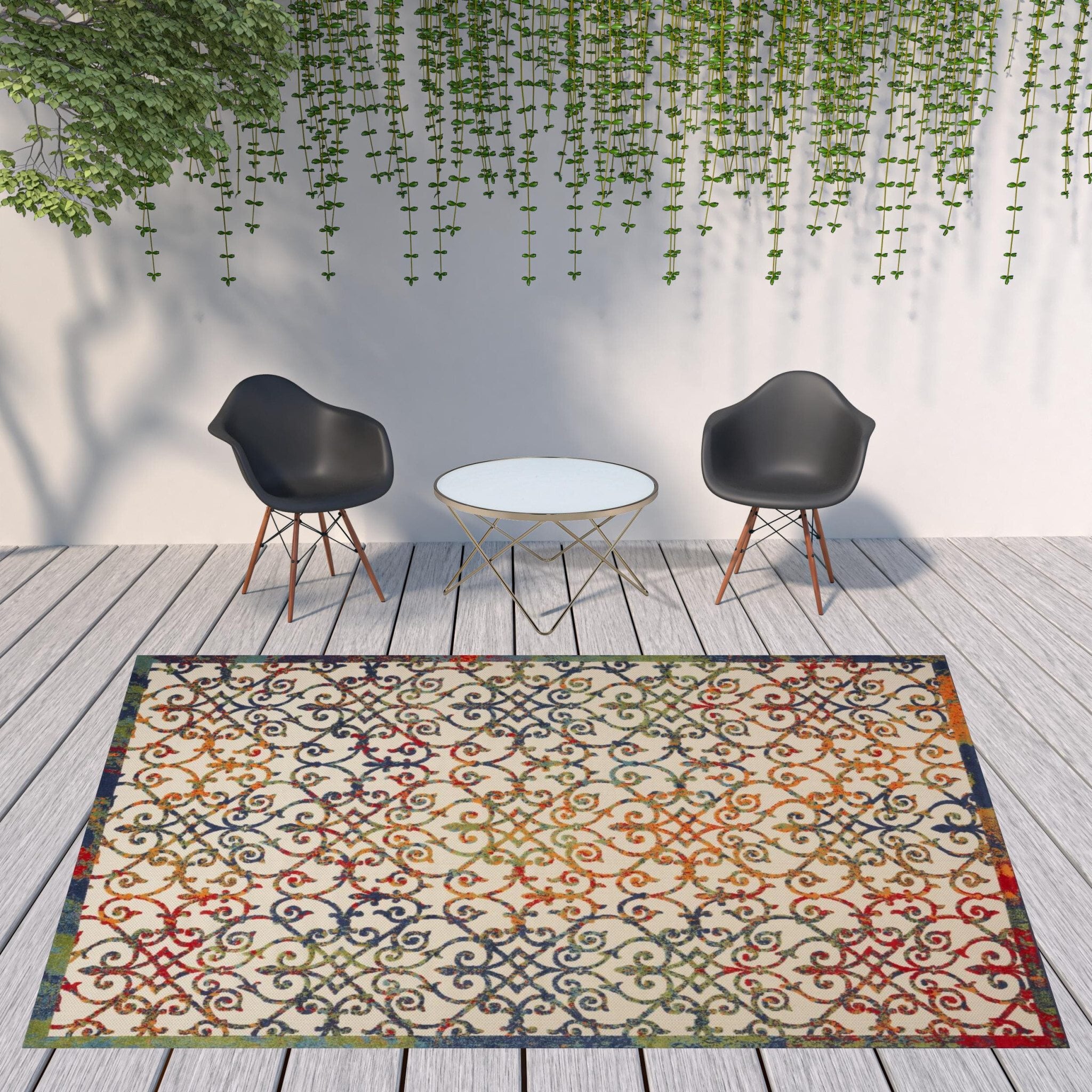9' X 12' Ivory Blue And Green Damask Non Skid Indoor Outdoor Area Rug - Image 3