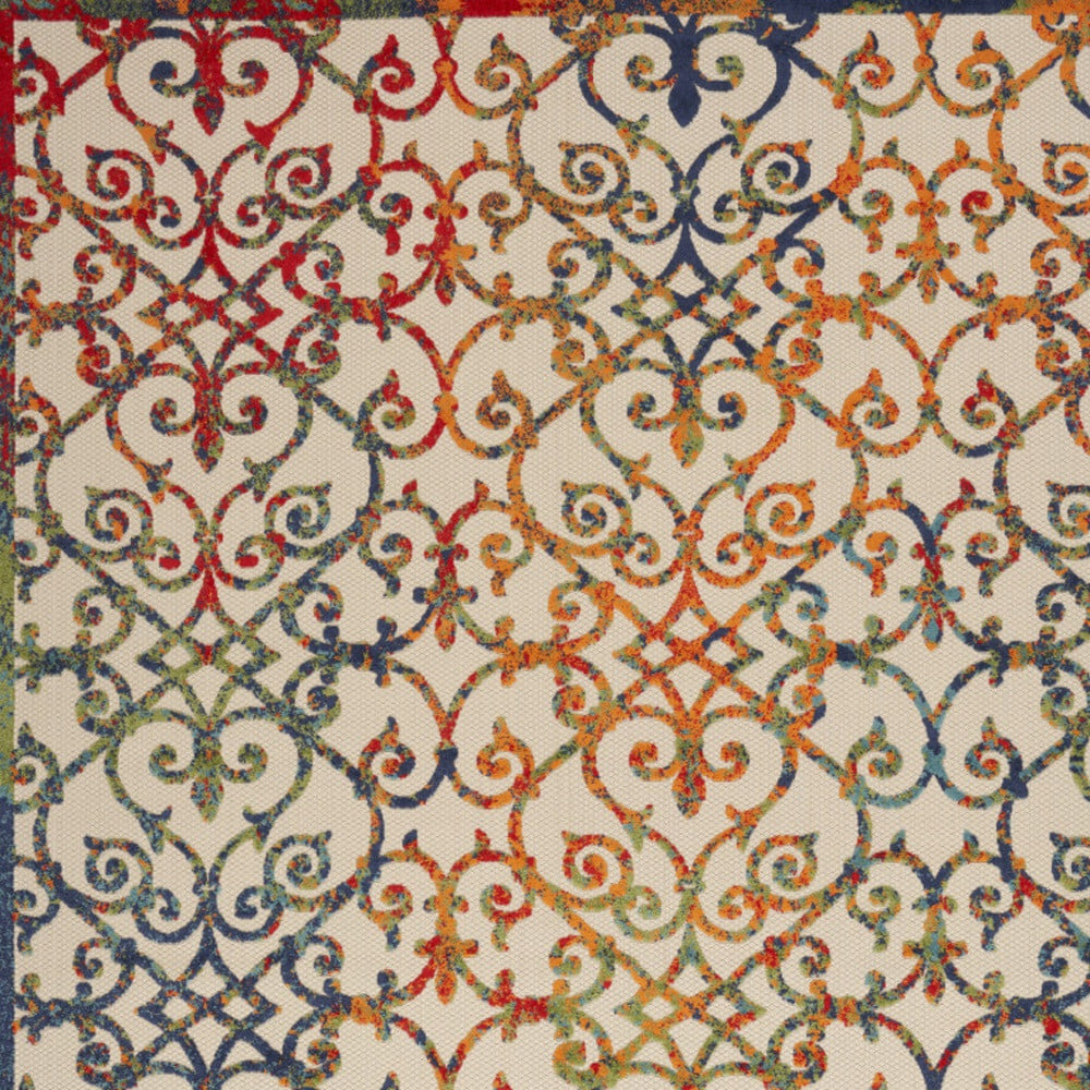 9' X 12' Ivory Blue And Green Damask Non Skid Indoor Outdoor Area Rug - Image 4