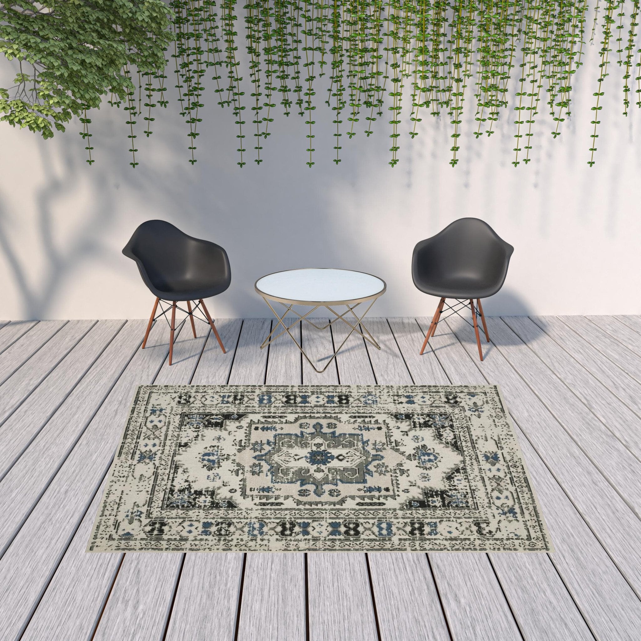 7' X 9' Blue and Beige Oriental Stain Resistant Indoor Outdoor Area Rug - Image 3