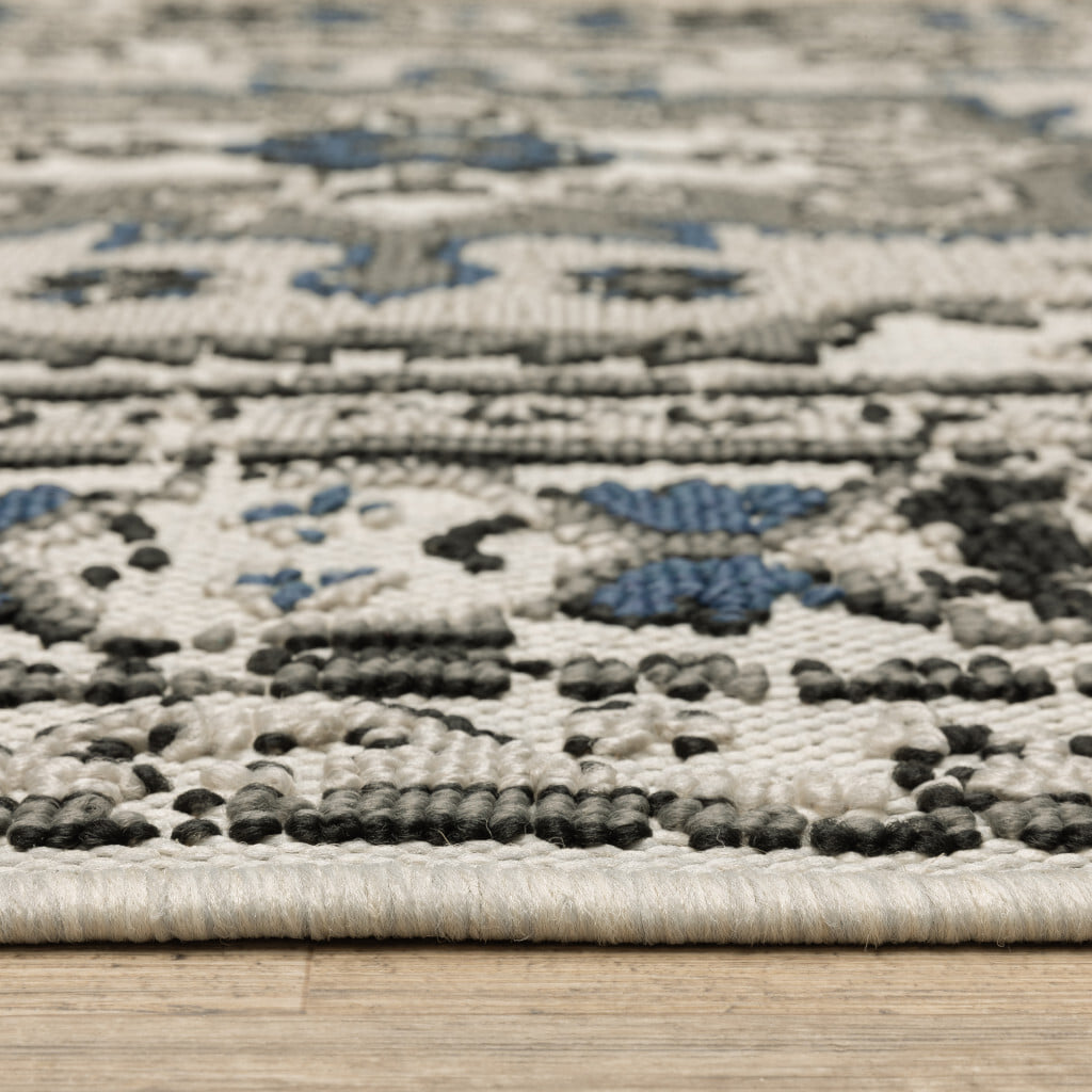 7' X 9' Blue and Beige Oriental Stain Resistant Indoor Outdoor Area Rug - Image 4