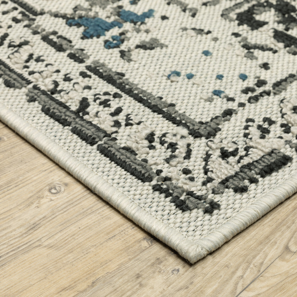 7' X 9' Blue and Beige Oriental Stain Resistant Indoor Outdoor Area Rug - Image 5
