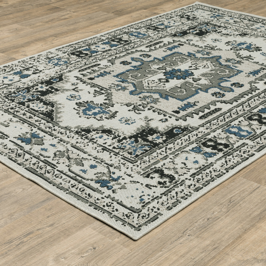 7' X 9' Blue and Beige Oriental Stain Resistant Indoor Outdoor Area Rug - Image 6