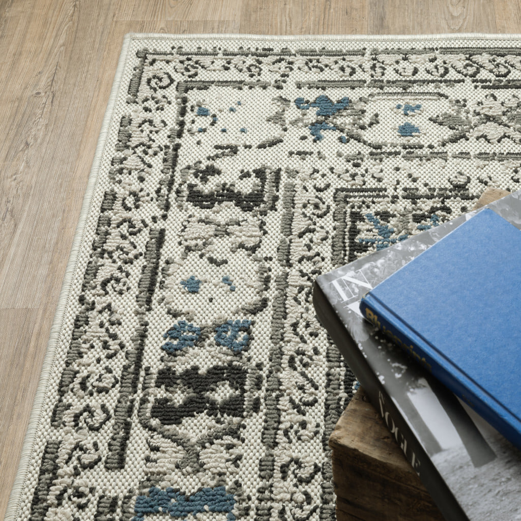 7' X 9' Blue and Beige Oriental Stain Resistant Indoor Outdoor Area Rug - Image 7