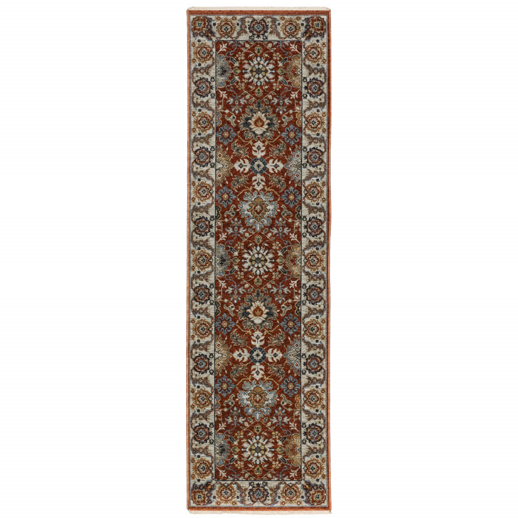 2' X 8' Red Blue Ivory Gold And Navy Oriental Power Loom Stain Resistant Runner Rug With Fringe - Image 2