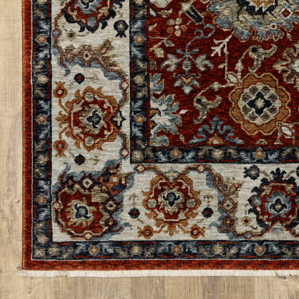 2' X 8' Red Blue Ivory Gold And Navy Oriental Power Loom Stain Resistant Runner Rug With Fringe - Image 3