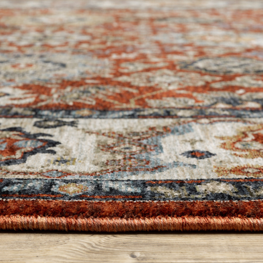 2' X 8' Red Blue Ivory Gold And Navy Oriental Power Loom Stain Resistant Runner Rug With Fringe - Image 5