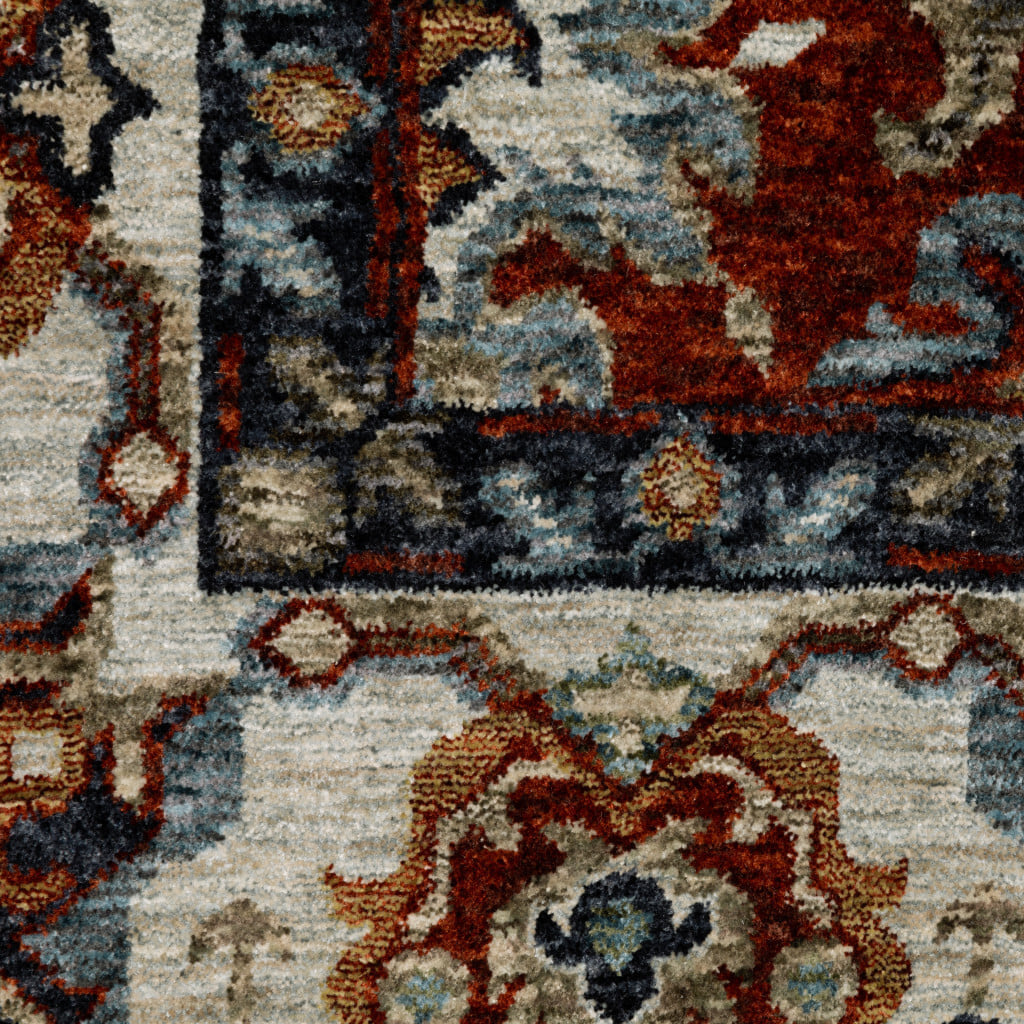 2' X 8' Red Blue Ivory Gold And Navy Oriental Power Loom Stain Resistant Runner Rug With Fringe - Image 6