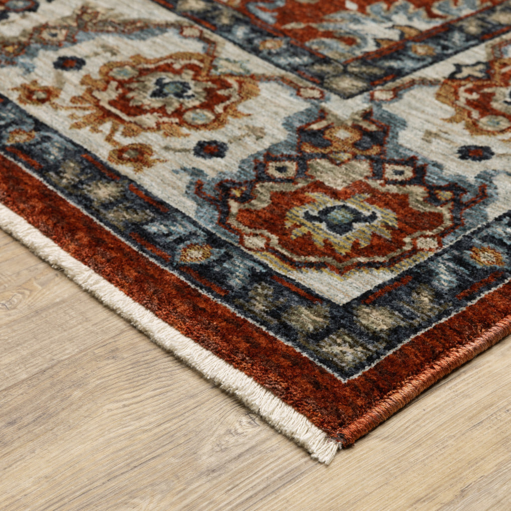 2' X 8' Red Blue Ivory Gold And Navy Oriental Power Loom Stain Resistant Runner Rug With Fringe - Image 7