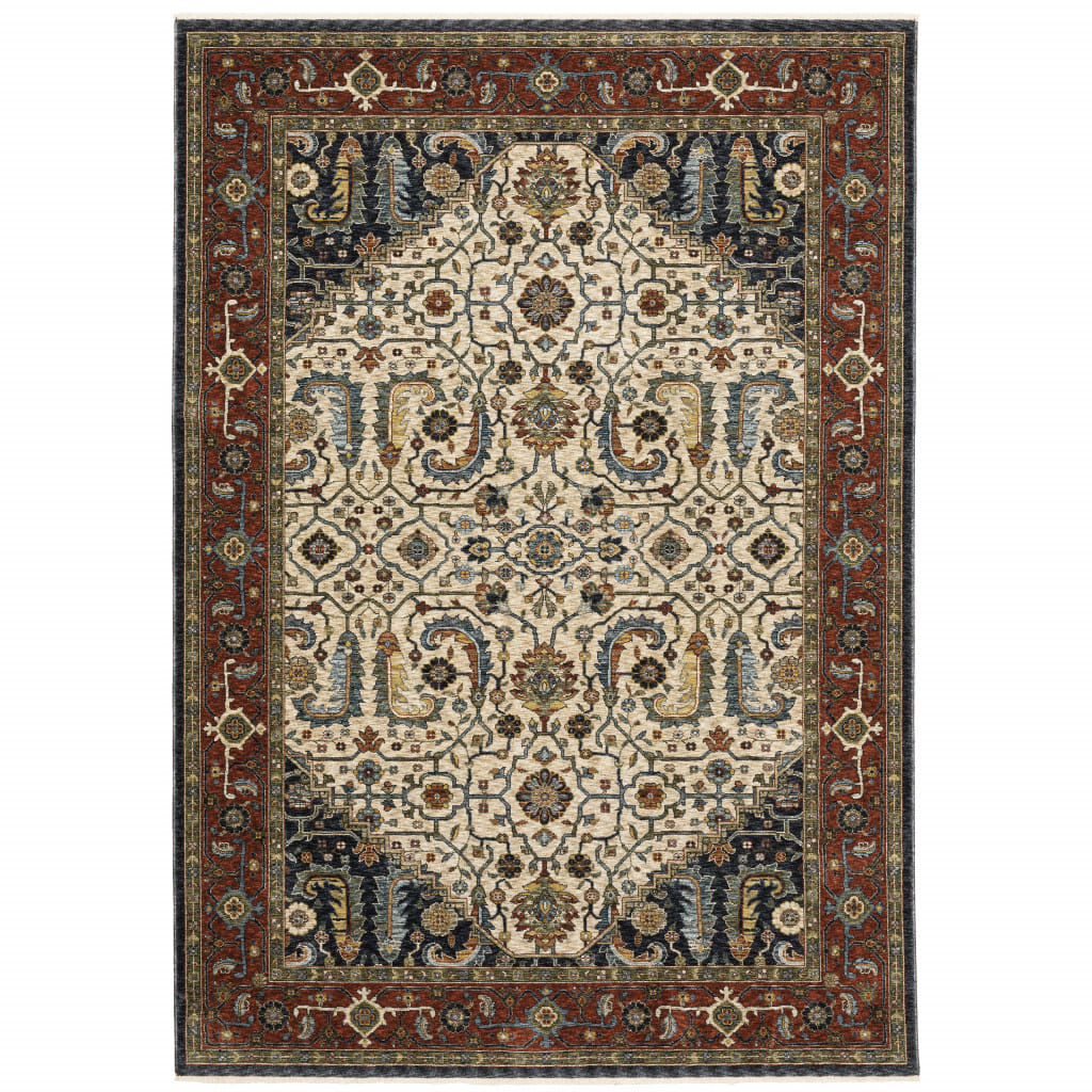 8' X 11' Beige and Ivory Oriental Power Loom Area Rug With Fringe