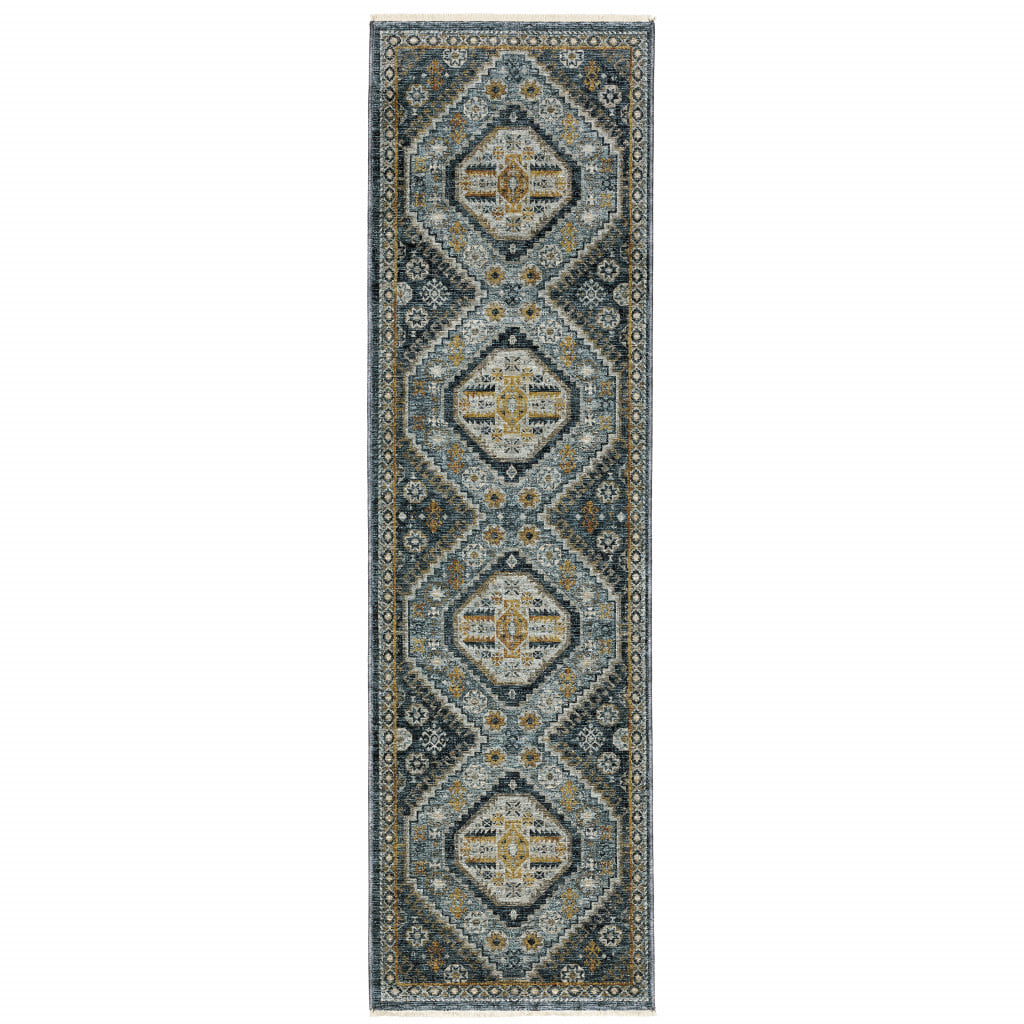 2' X 8' Blue Gold Ivory And Navy Oriental Power Loom Stain Resistant Runner Rug With Fringe - Image 2