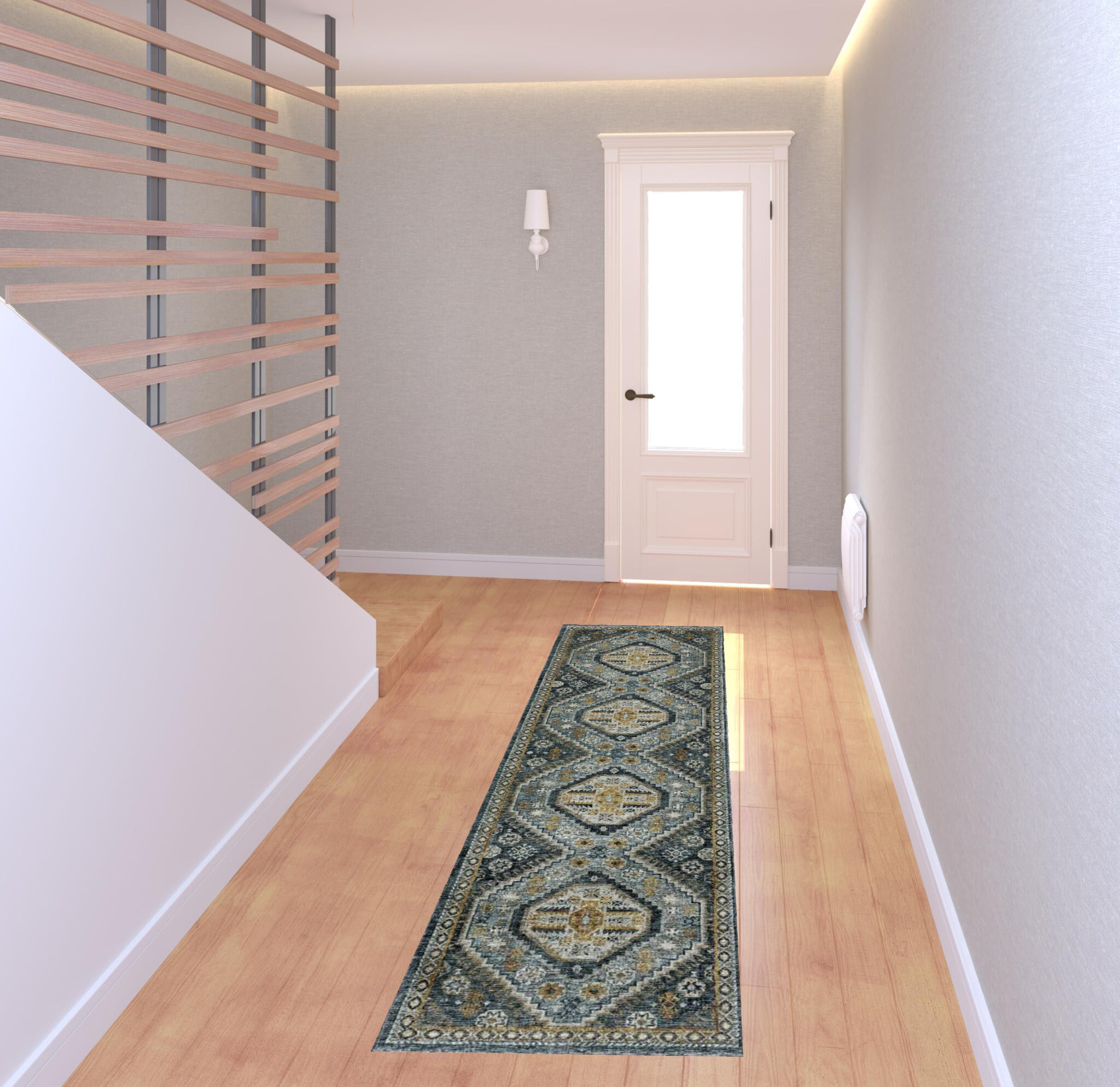 2' X 8' Blue Gold Ivory And Navy Oriental Power Loom Stain Resistant Runner Rug With Fringe - Image 3