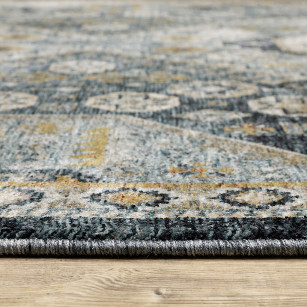 2' X 8' Blue Gold Ivory And Navy Oriental Power Loom Stain Resistant Runner Rug With Fringe - Image 4