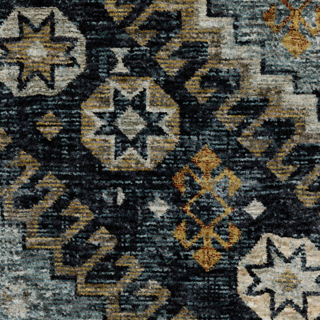 2' X 8' Blue Gold Ivory And Navy Oriental Power Loom Stain Resistant Runner Rug With Fringe - Image 5