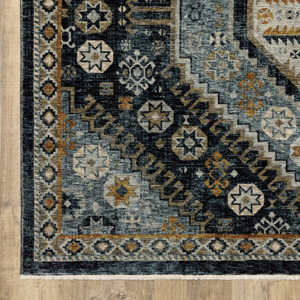 2' X 8' Blue Gold Ivory And Navy Oriental Power Loom Stain Resistant Runner Rug With Fringe - Image 6