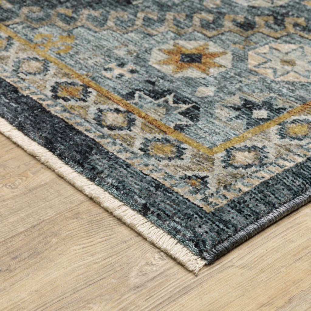2' X 8' Blue Gold Ivory And Navy Oriental Power Loom Stain Resistant Runner Rug With Fringe - Image 7