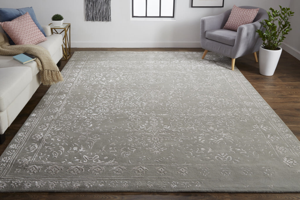 10' X 14' Gray Taupe And Silver Wool Floral Tufted Handmade Distressed Area Rug - Image 7