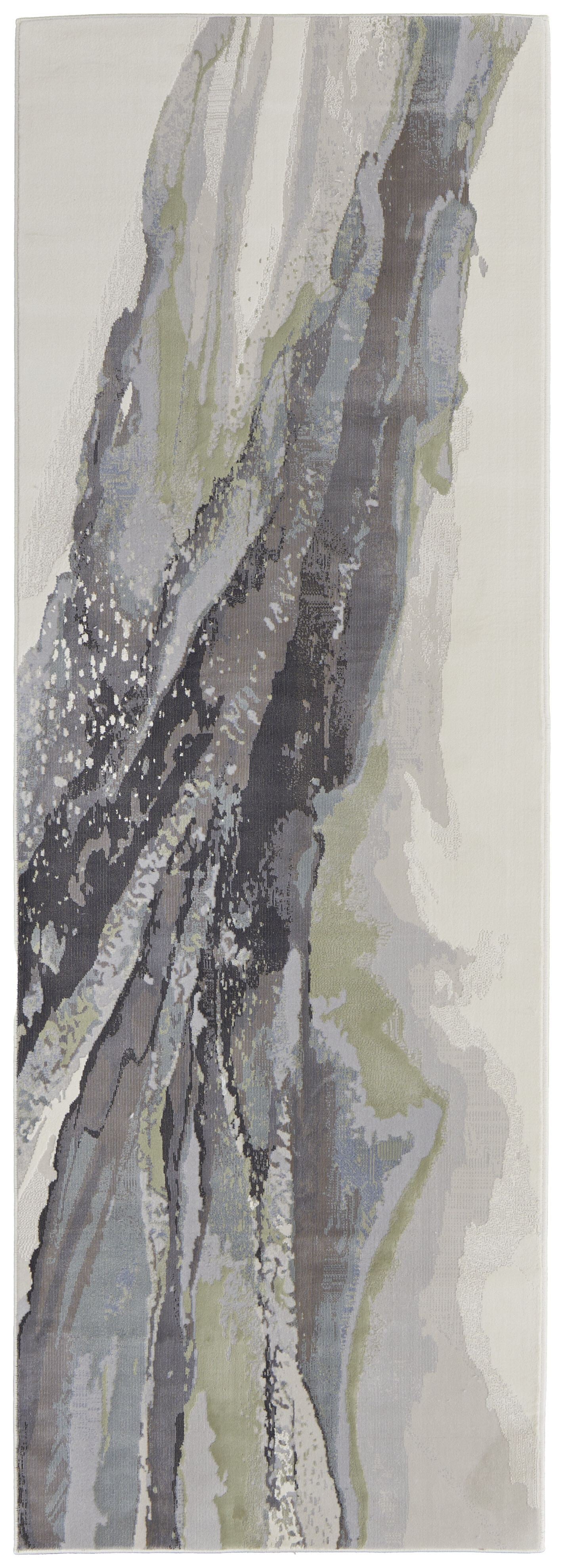 8' Green Purple And Ivory Abstract Power Loom Runner Rug - Image 2