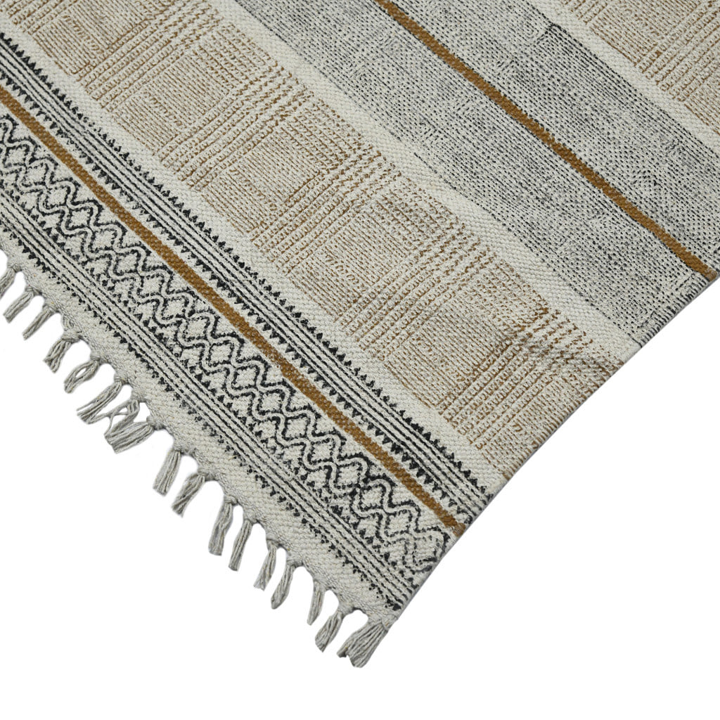 2' X 3' Ivory Black and Brown Geometric Flatweave Handmade Worn Faded Area Rug With Fringe - Image 4