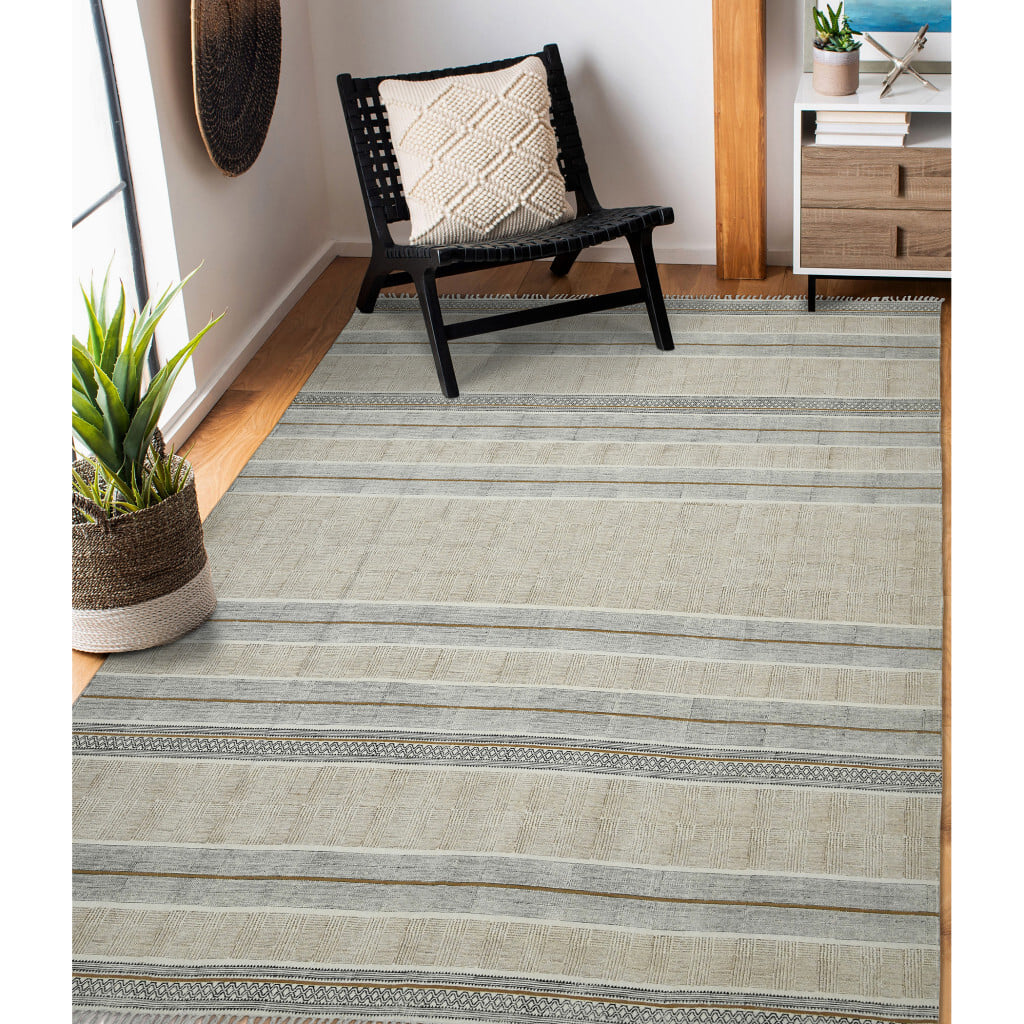 2' X 3' Ivory Black and Brown Geometric Flatweave Handmade Worn Faded Area Rug With Fringe - Image 6