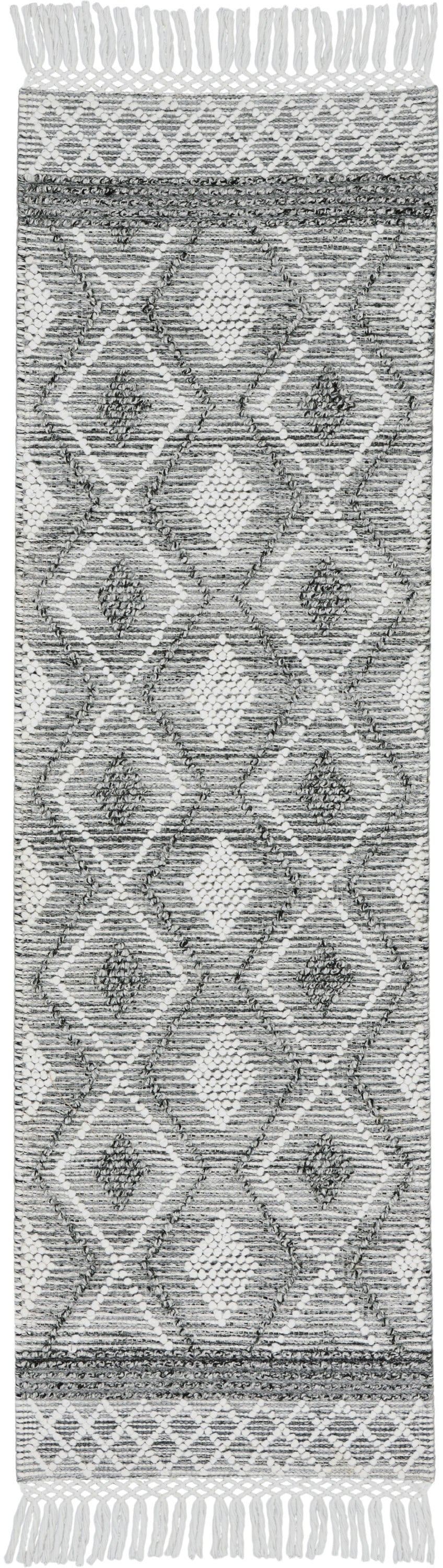 8' Gray and Ivory Geometric Hand Woven Runner Rug With Fringe - Image 2