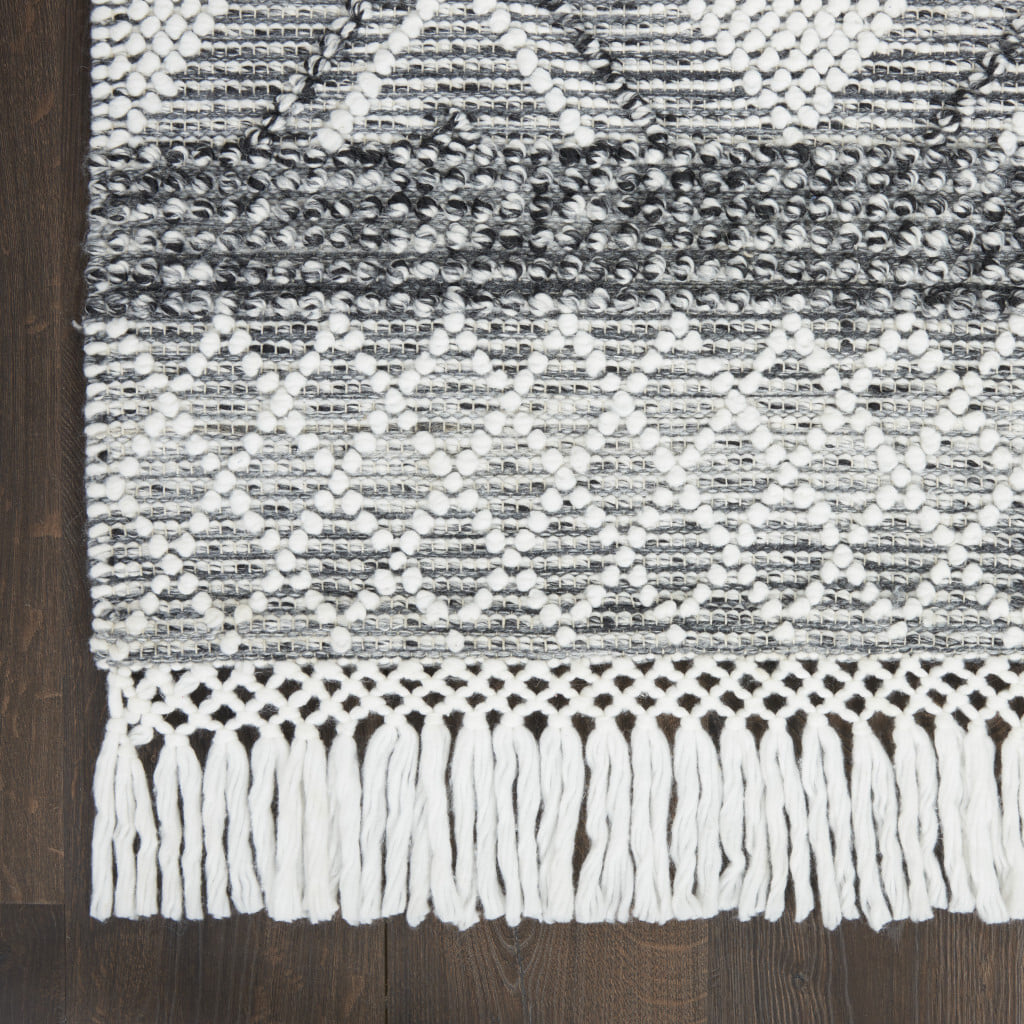 8' Gray and Ivory Geometric Hand Woven Runner Rug With Fringe - Image 5