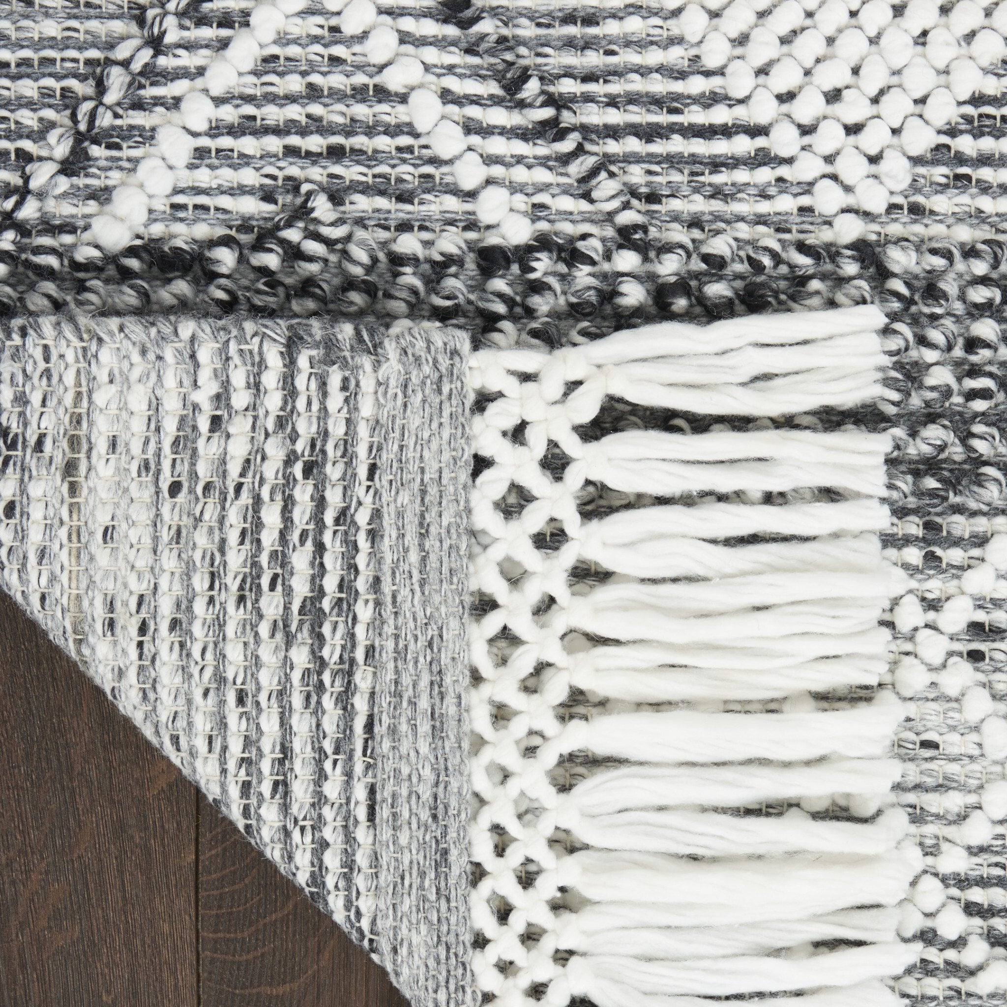 8' Gray and Ivory Geometric Hand Woven Runner Rug With Fringe - Image 6