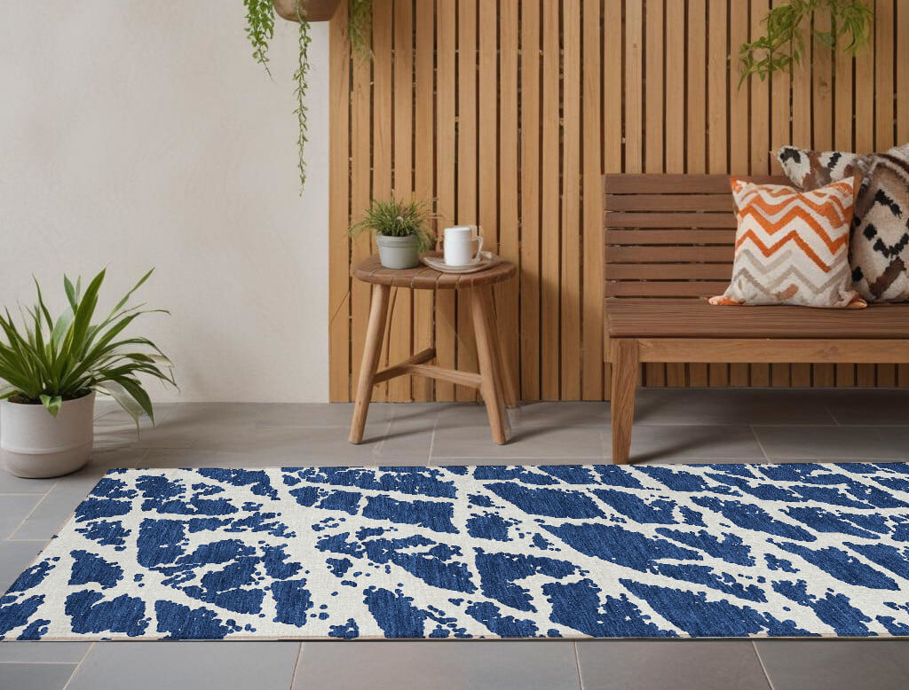 8' Runner Blue and White Abstract Washable Non Skid Indoor Outdoor Runner Rug - Image 2