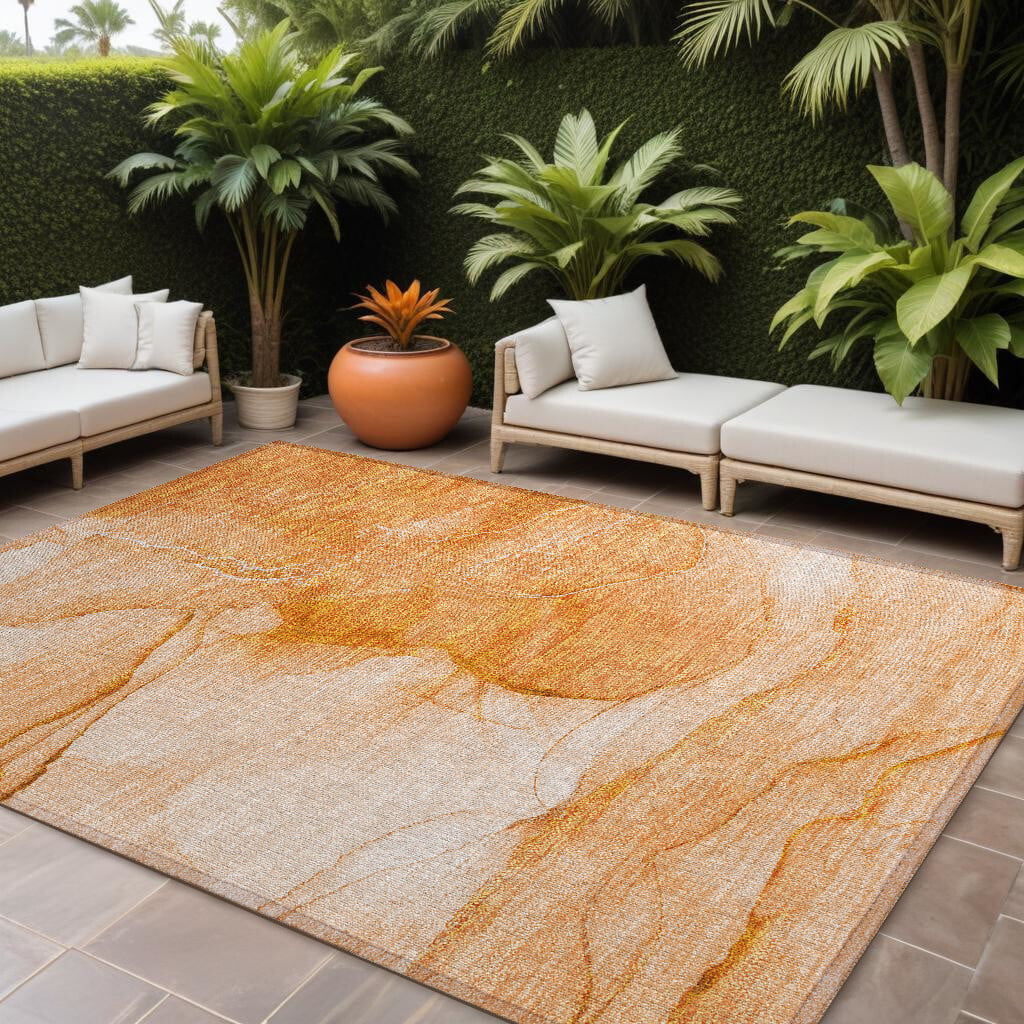 10' X 14' Orange Abstract Washable Non Skid Indoor Outdoor Area Rug