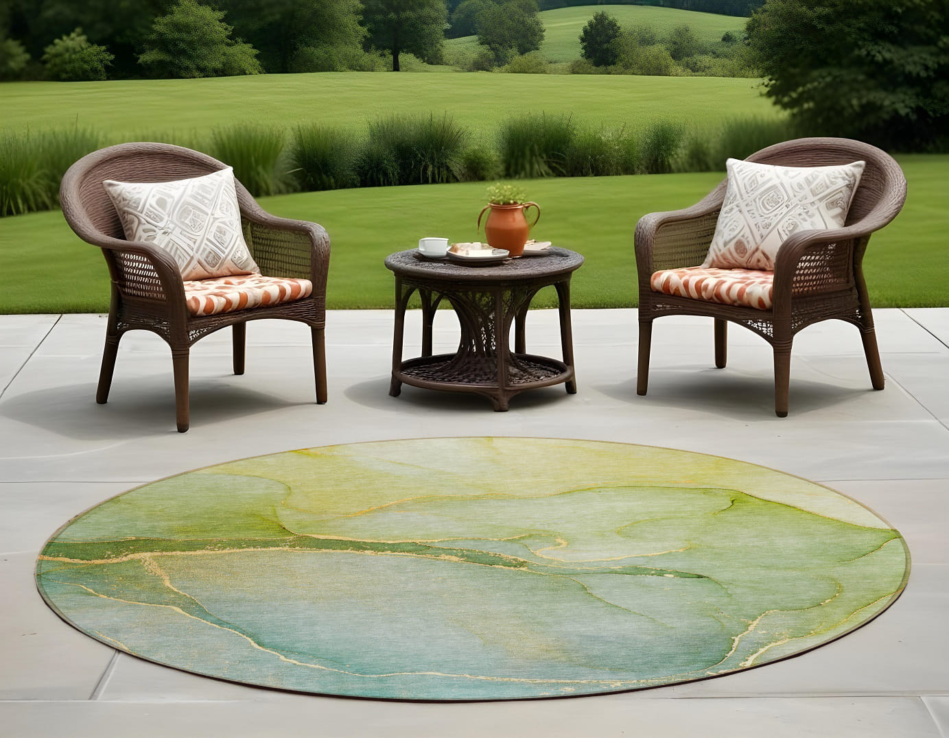 8' Round Green Round Abstract Washable Non Skid Indoor Outdoor Area Rug - Image 2