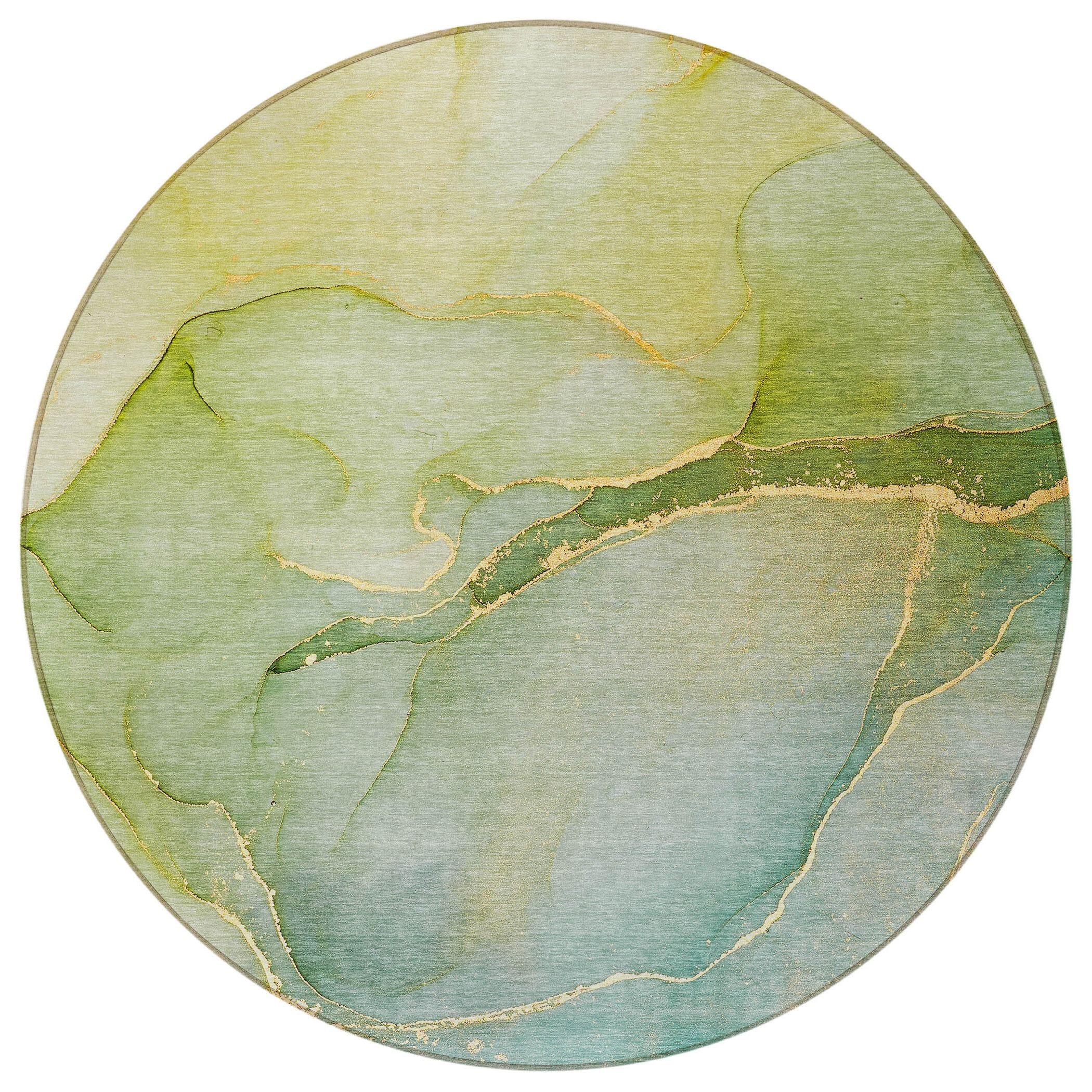 8' Round Green Round Abstract Washable Non Skid Indoor Outdoor Area Rug - Image 6