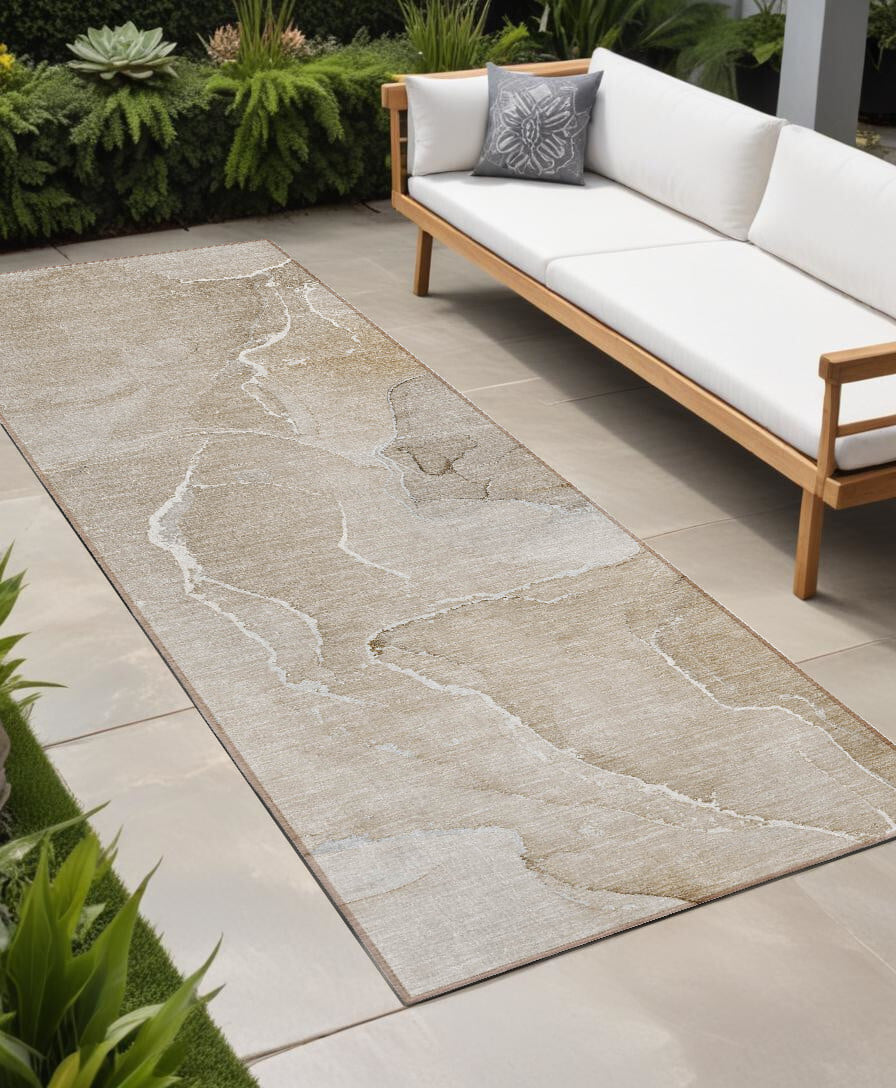 8' Runner Beige Abstract Washable Non Skid Indoor Outdoor Runner Rug - Image 2