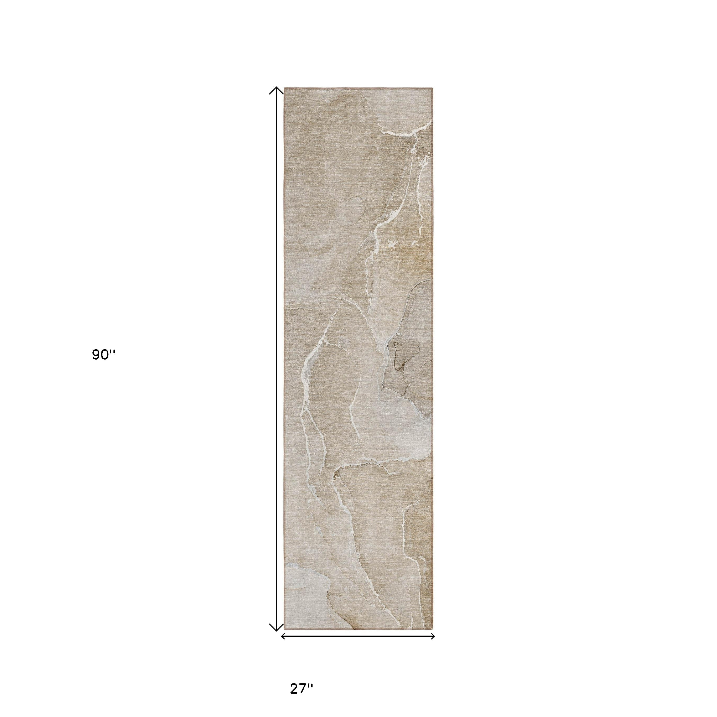 8' Runner Beige Abstract Washable Non Skid Indoor Outdoor Runner Rug - Image 4
