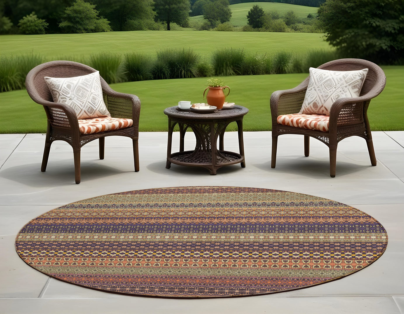 8' Round Orange Round Striped Washable Non Skid Indoor Outdoor Area Rug - Image 2