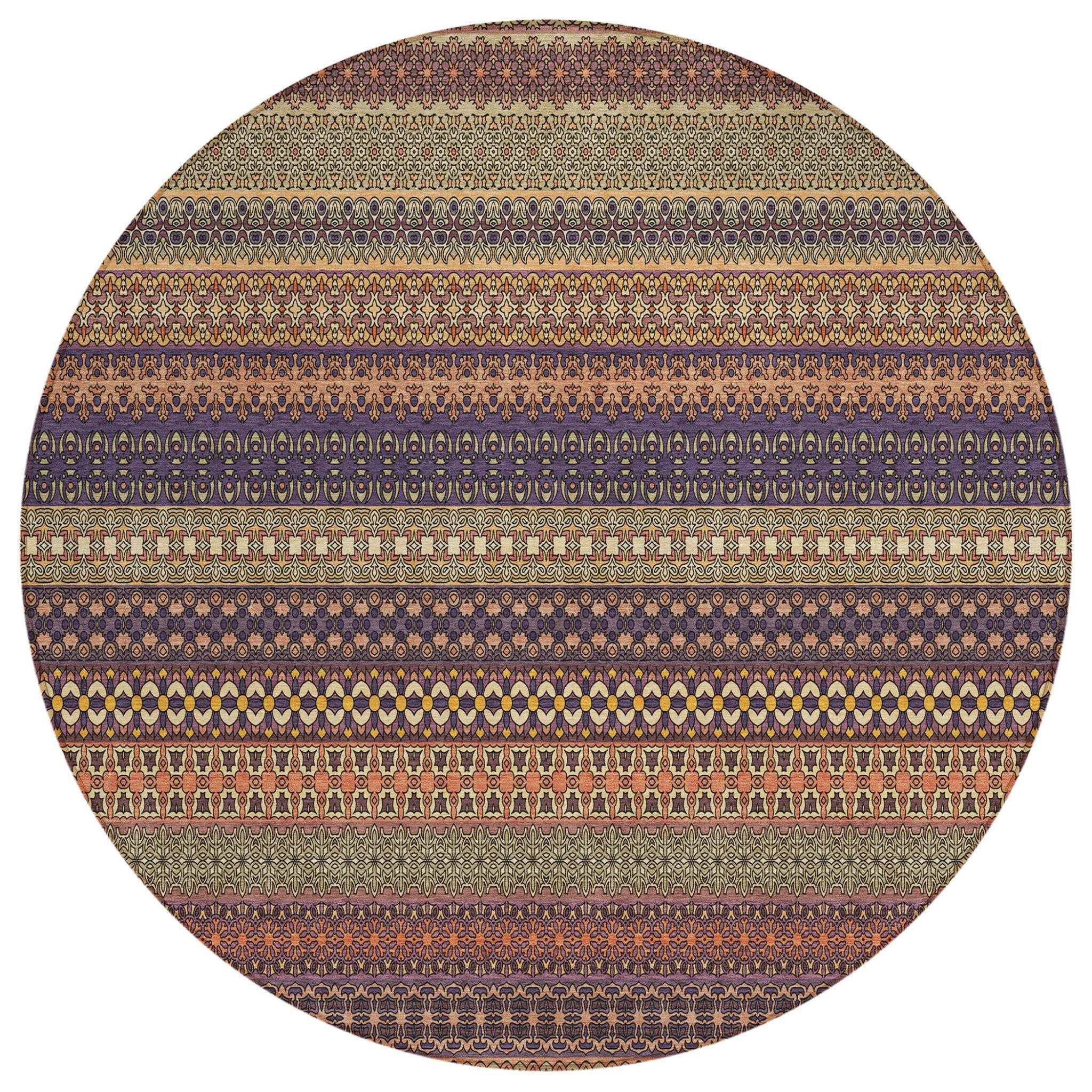 8' Round Orange Round Striped Washable Non Skid Indoor Outdoor Area Rug - Image 3