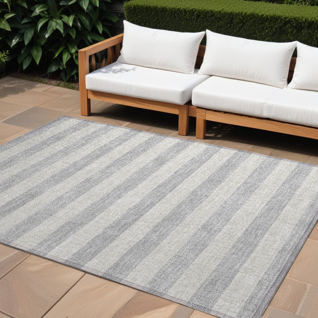 10' X 14' Gray and Ivory Striped Washable Non Skid Indoor Outdoor Area Rug - Image 2