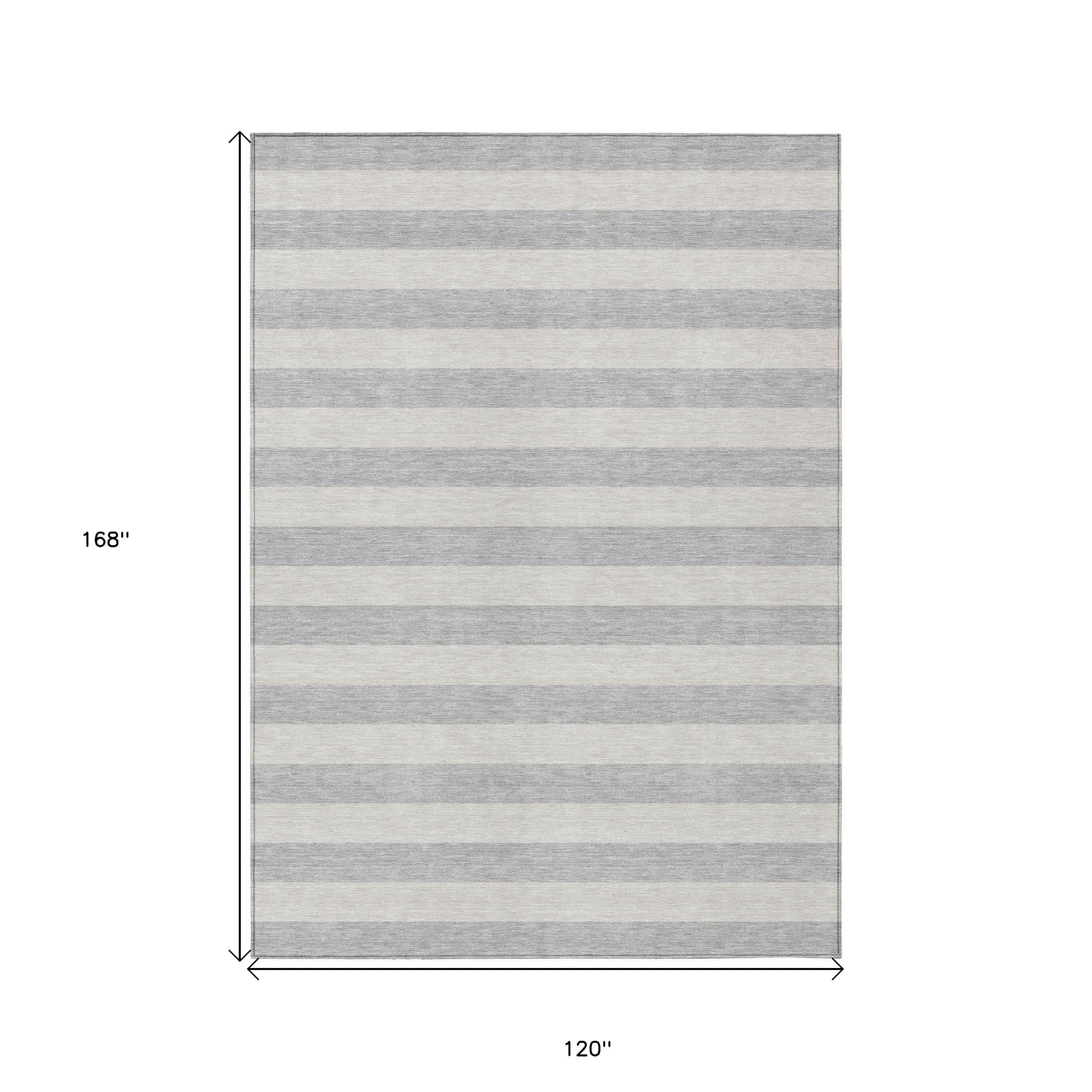 10' X 14' Gray and Ivory Striped Washable Non Skid Indoor Outdoor Area Rug - Image 4